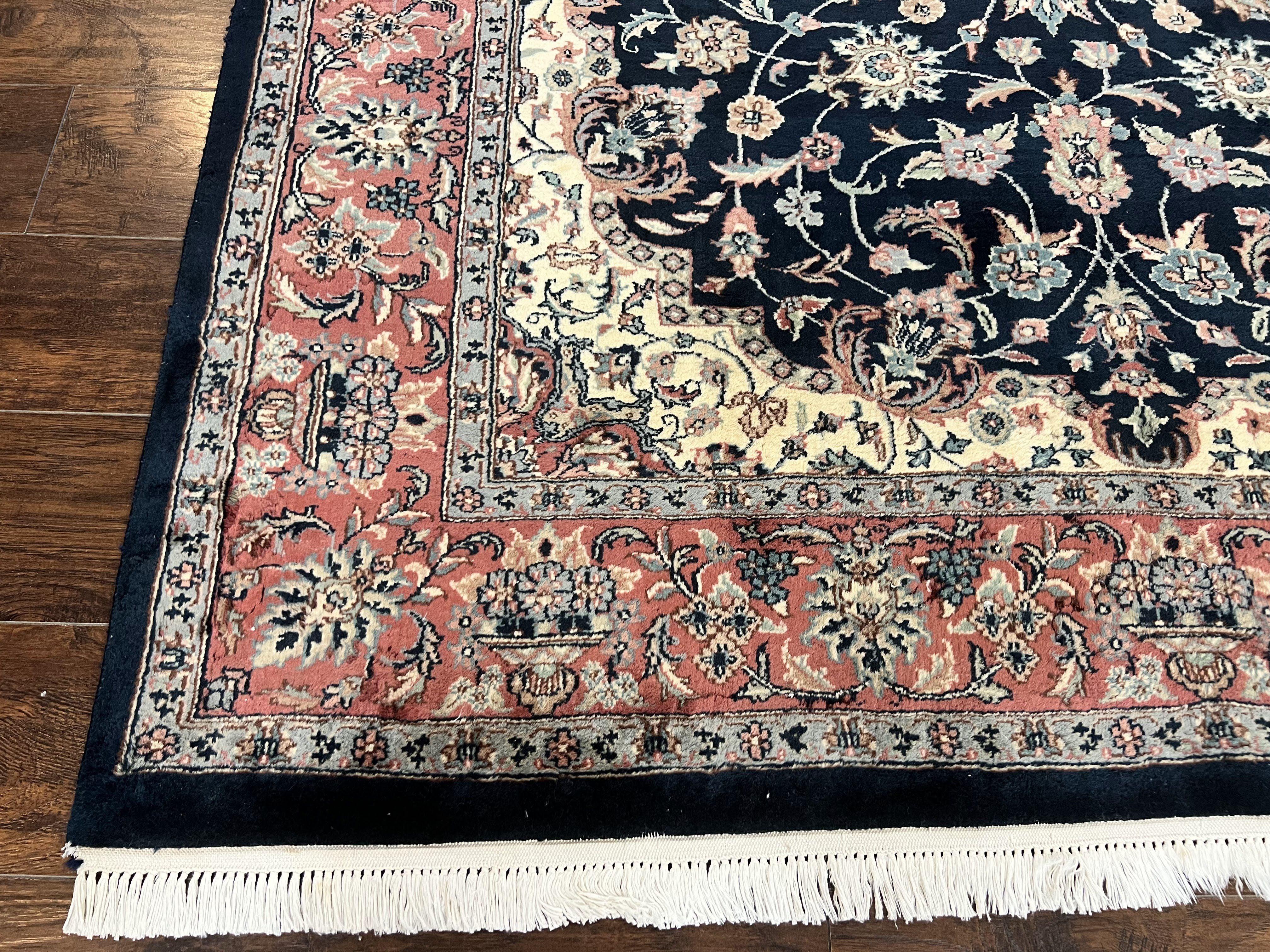 Pak Persian Rug, Floral Medallion, Dark Blue & Rose, Traditional Oriental Carpet, Handmade Wool Vintage Medium Size Rug - Jewel Rugs