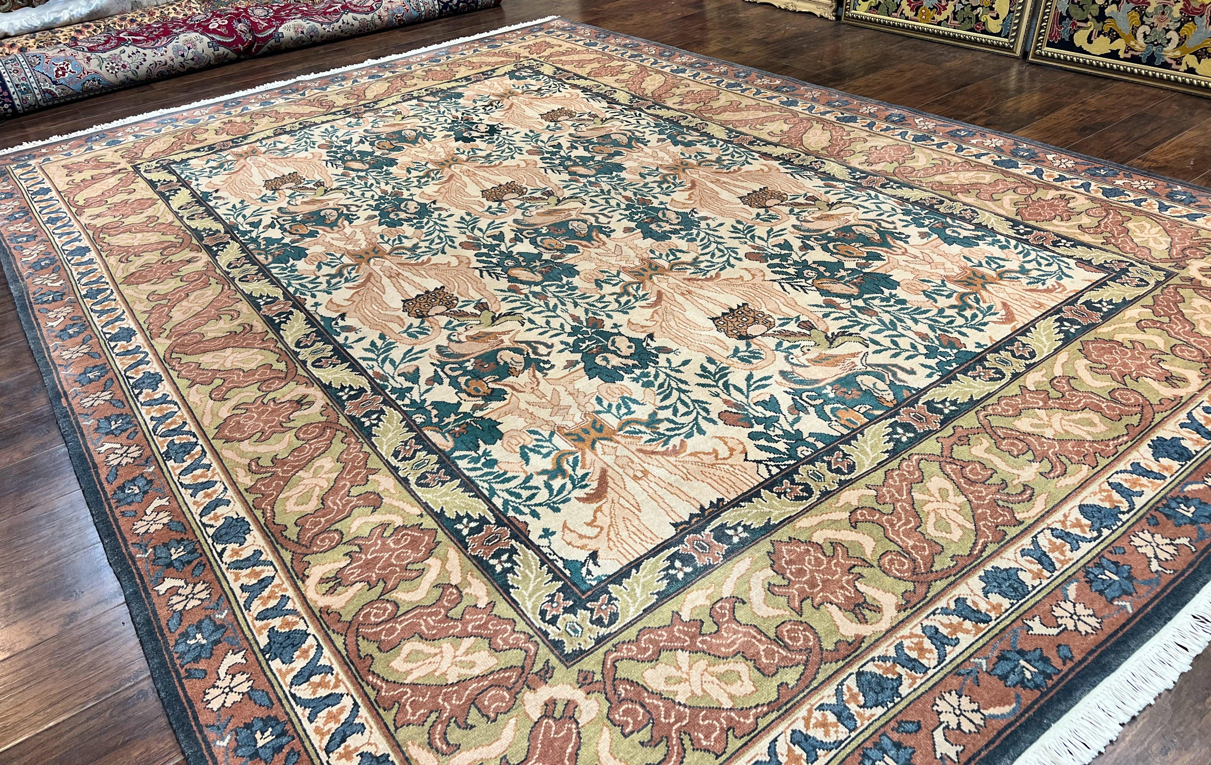 10x13 Wool Rug, Floral Pattern, Birds, Handmade Vintage Carpet, Couristan Rug, Beige - Jewel Rugs