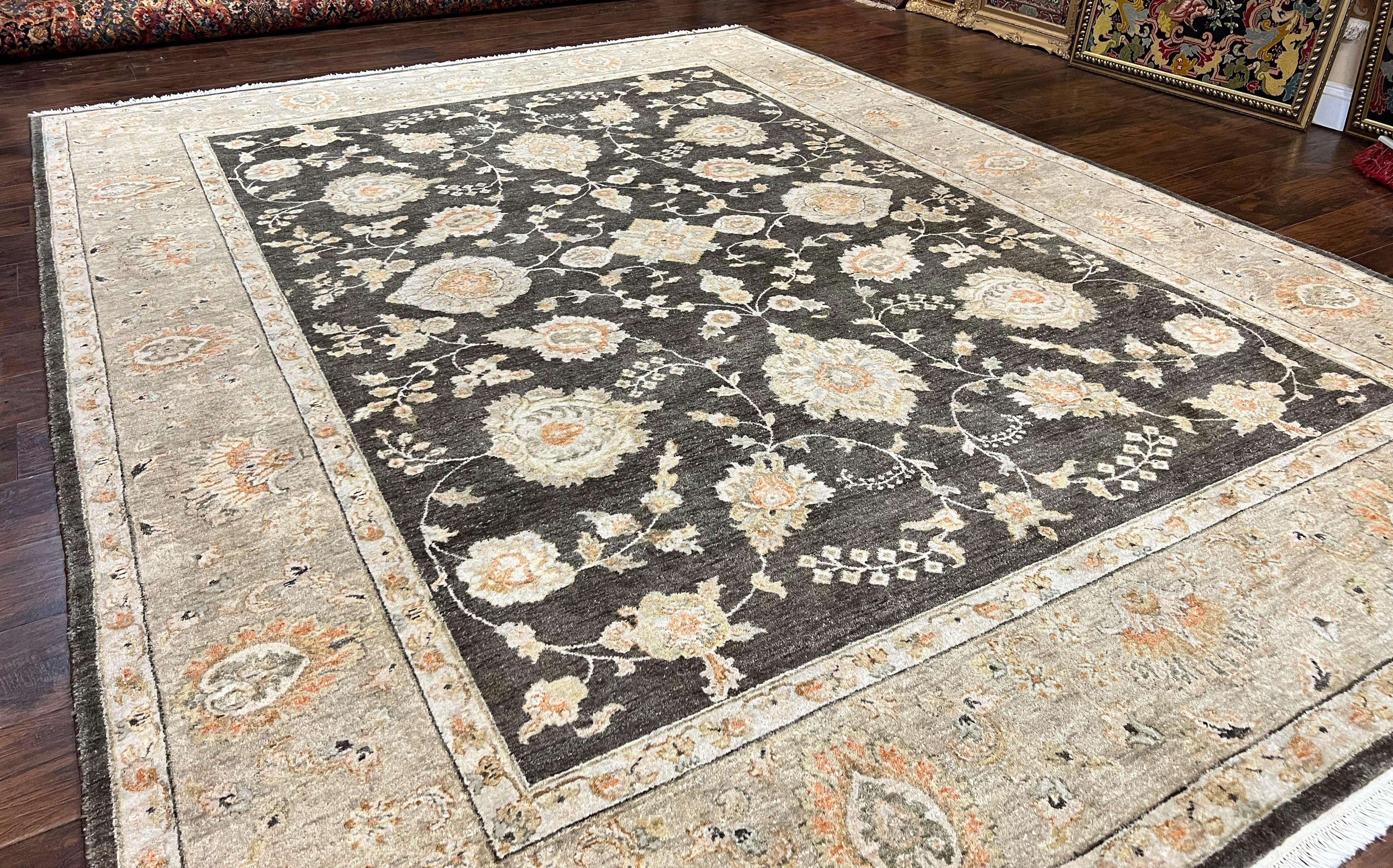 Indo Persian Rug 9x12, Sultanabad Indian Carpet, Dark Brown, Hand Knotted Vintage Wool Rug - Jewel Rugs