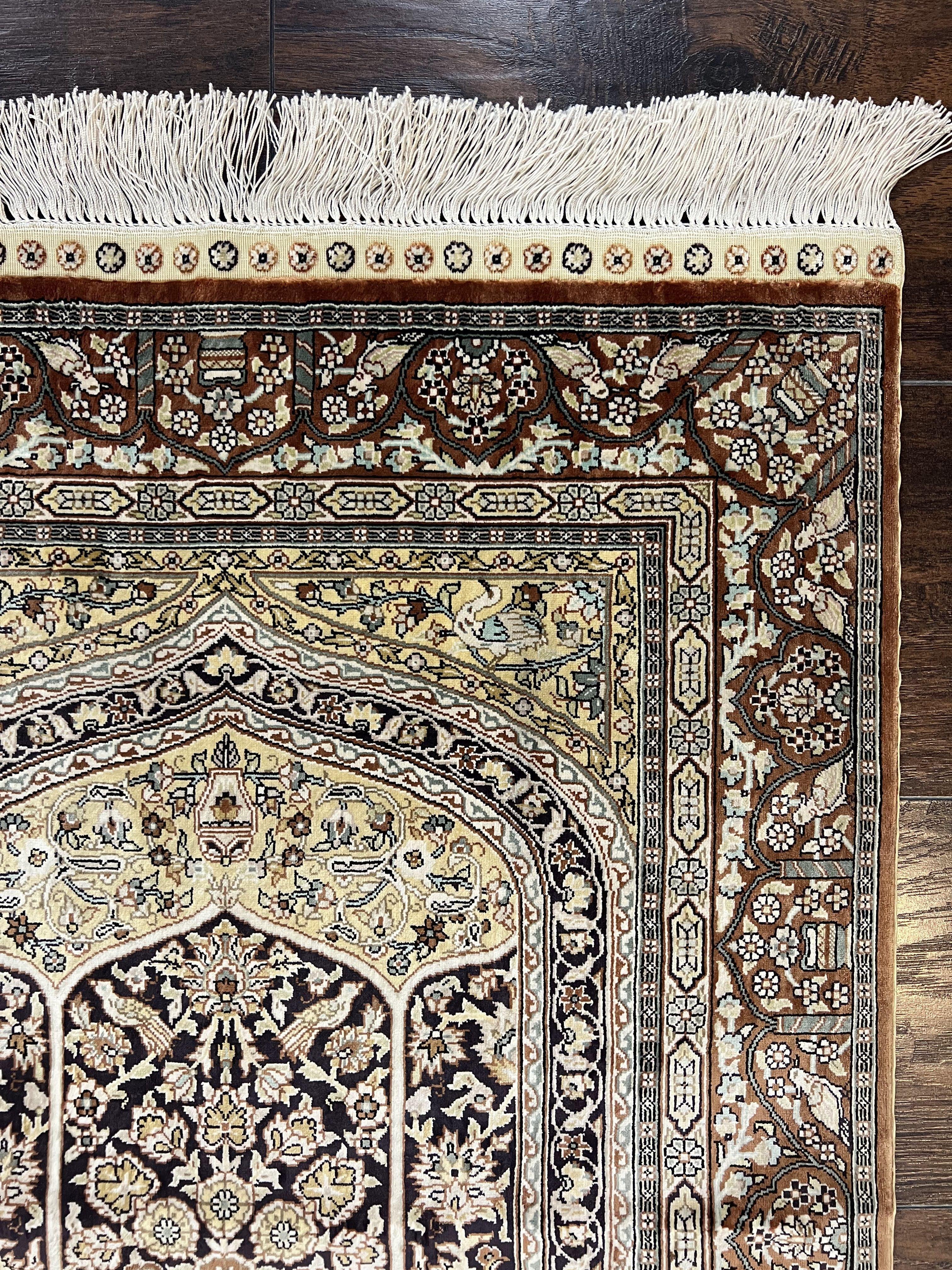 Turkish Silk Hereke Rug 2x3, Floral Vase Tree of Life Birds, Silk Pile on Silk Foundation, Vintage Oriental Carpet, Very Fine, Signature - Jewel Rugs