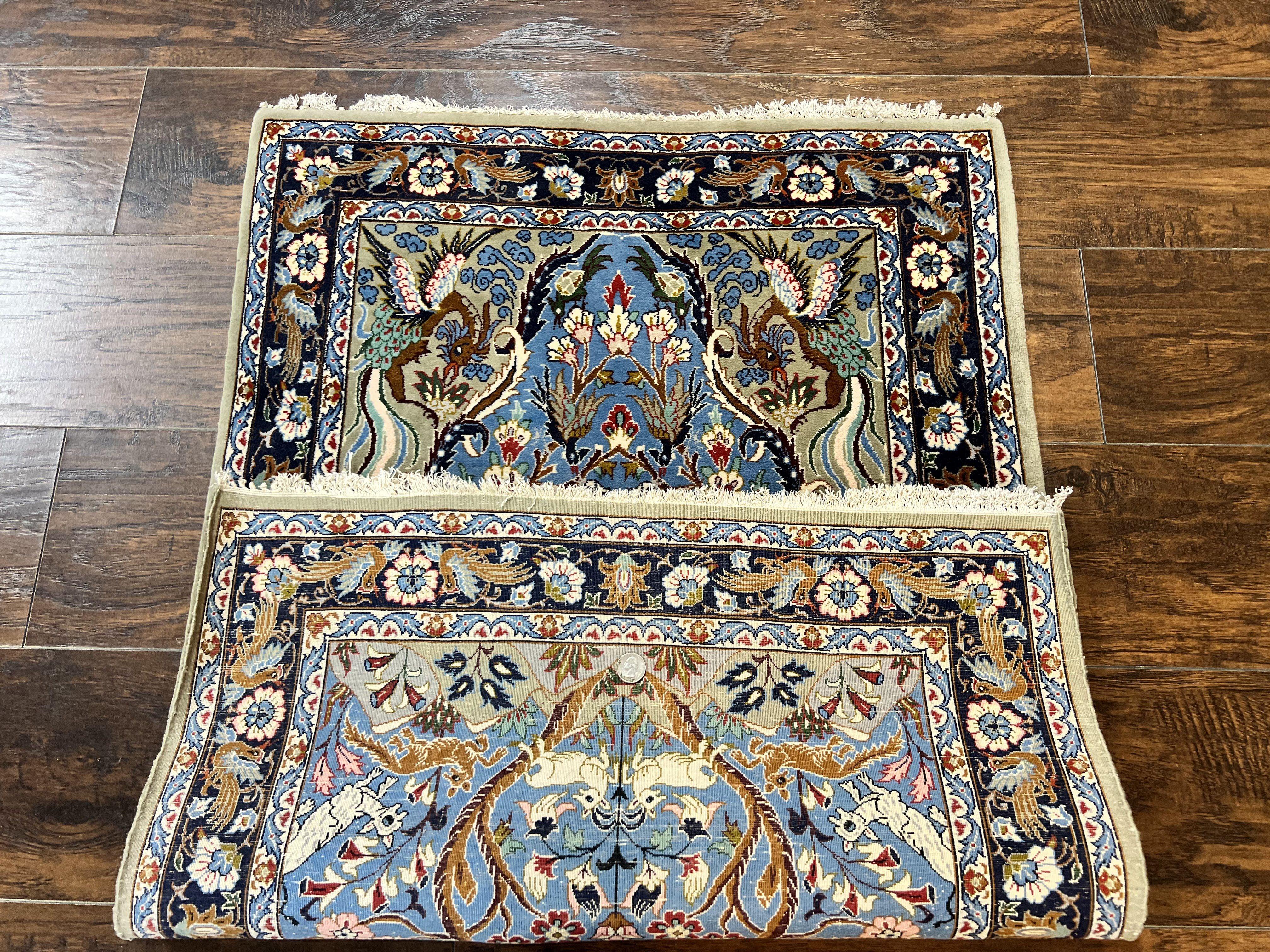 Persian Isfahan Tree of Life Rug 2.5 x 3.8, Animal & Bird Pictorials, Super Fine 500 KSPI, Blue, Handmade, Kork Wool Silk Highlights, Vintage - Jewel Rugs