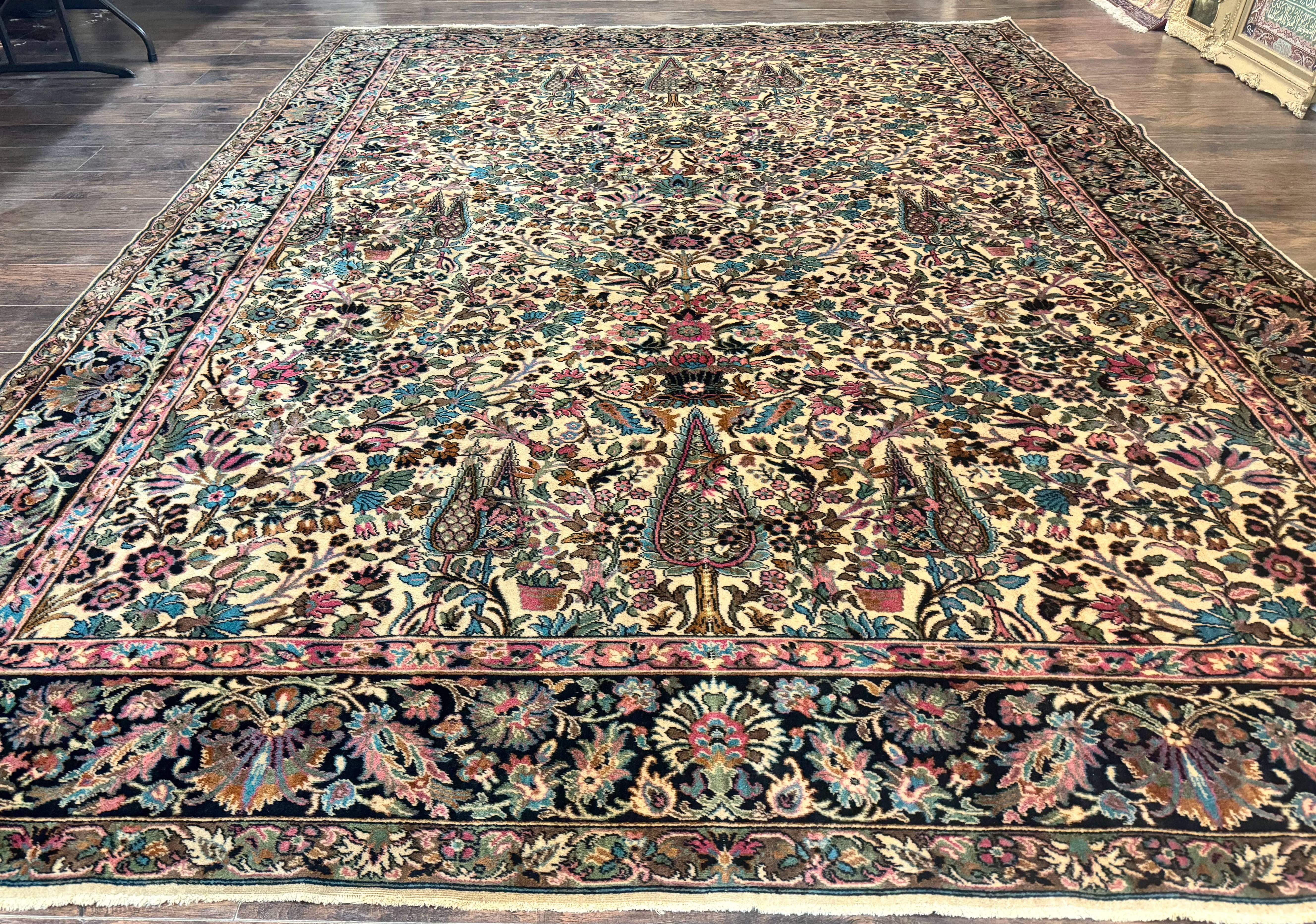 Persian Rug 9x12, Vintage Belgium Power Loomed Rug, Kirman Design, Cream and Navy Blue, Floral Allover Pattern, Wool, Cedar Trees, Gulistan - Jewel Rugs