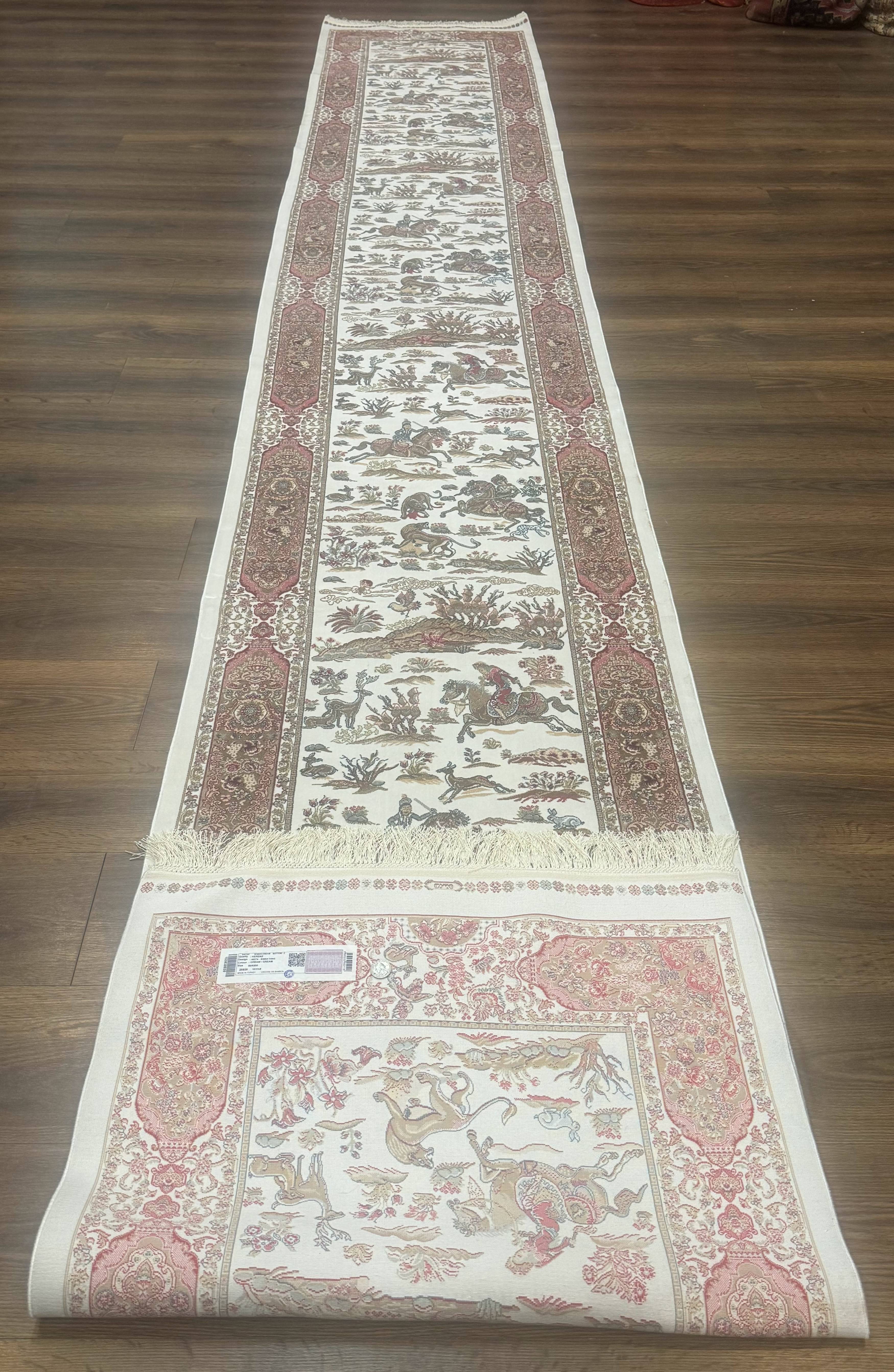 Long Turkish Silk Runner Rug 2.6 x 16.5, Hunting Design, Ivory, Bamboo Silk, New - Jewel Rugs