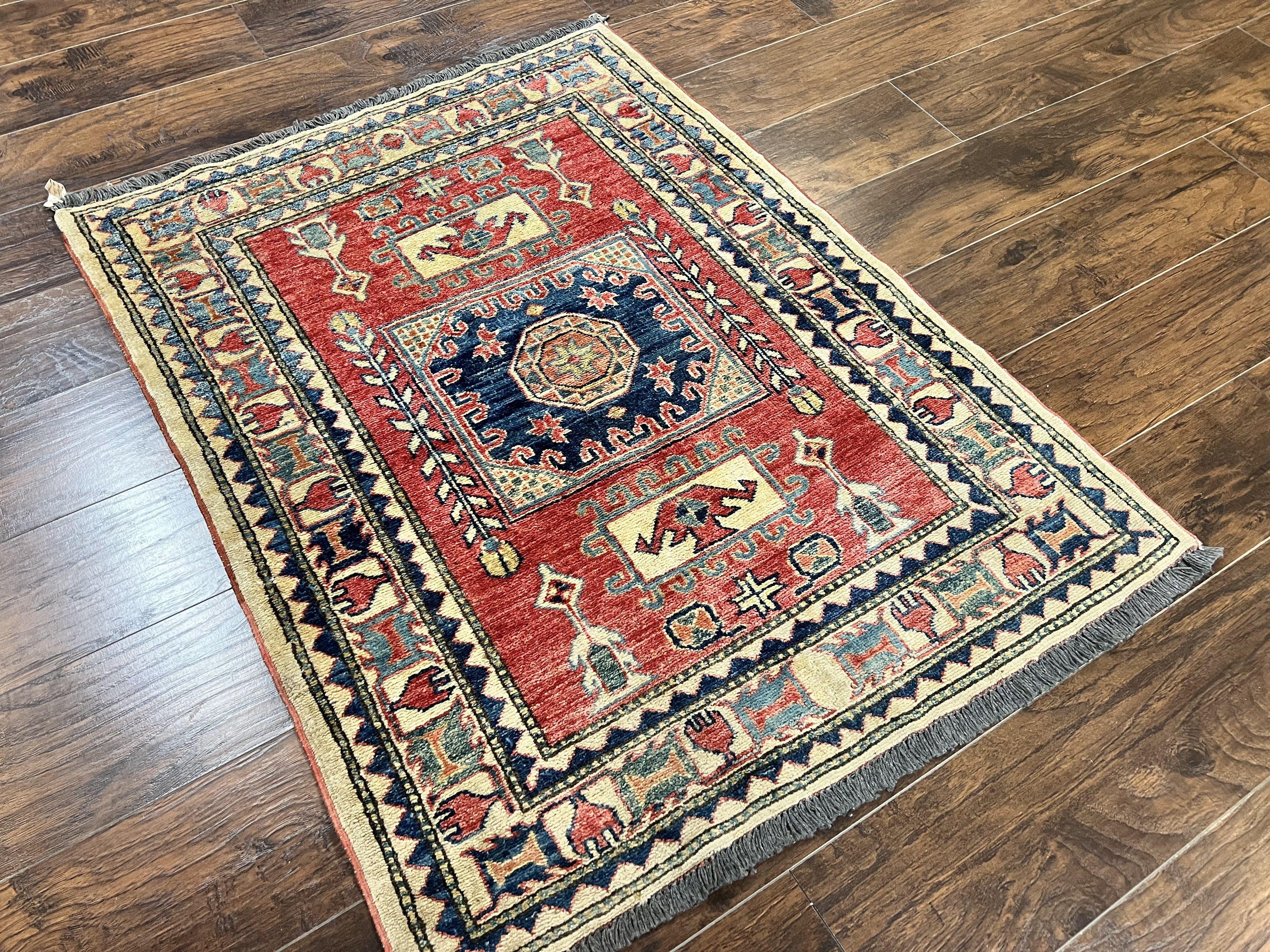 Turkish Kazak Rug 3x4, Wool Hand Knotted Small Vintage Carpet, Red Navy Blue, 3 x 4 Oriental Rug, Geometric Design - Jewel Rugs