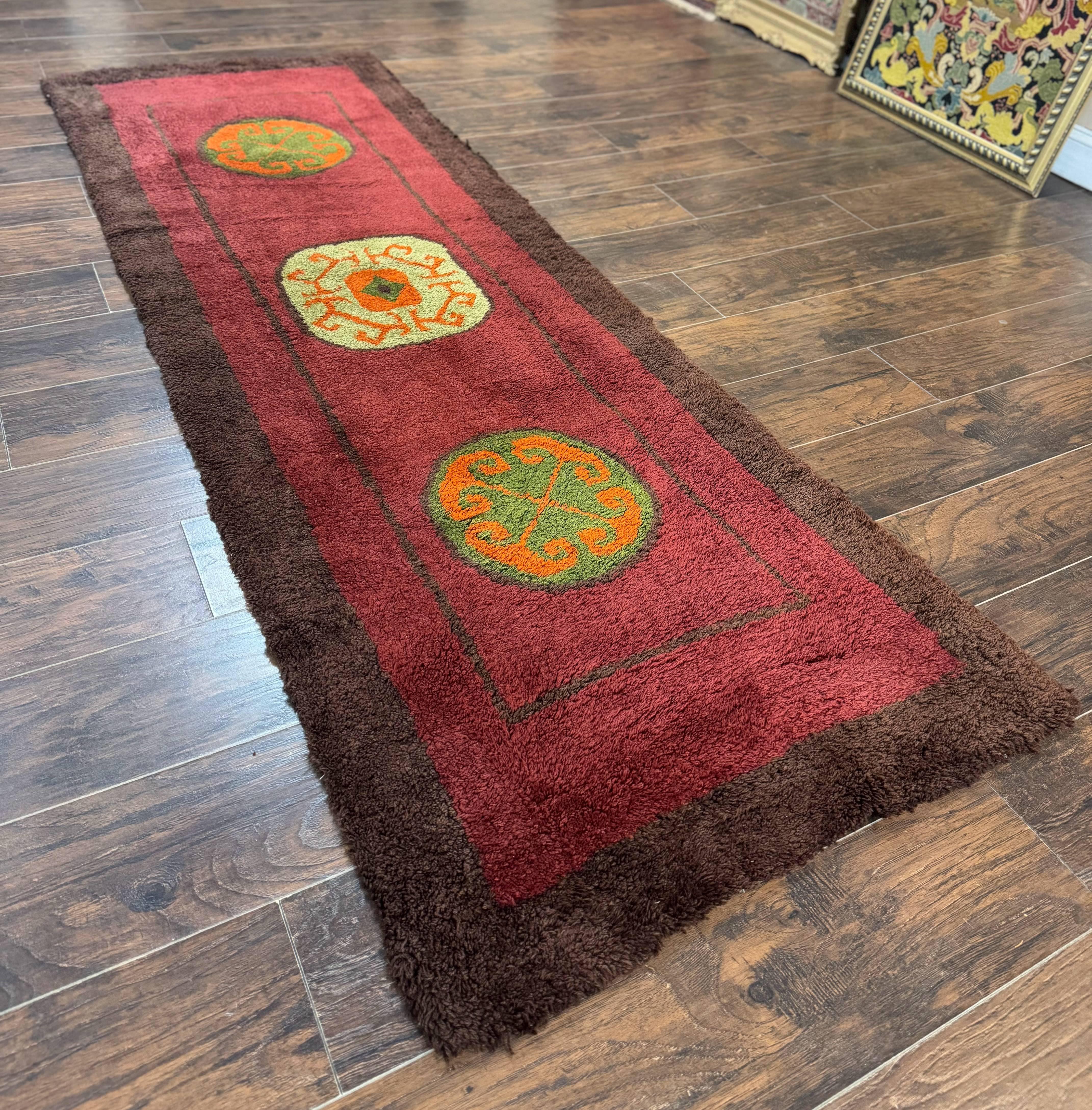 German Hooked Runner Rug 3x8, Vintage, Red, Wool - Jewel Rugs
