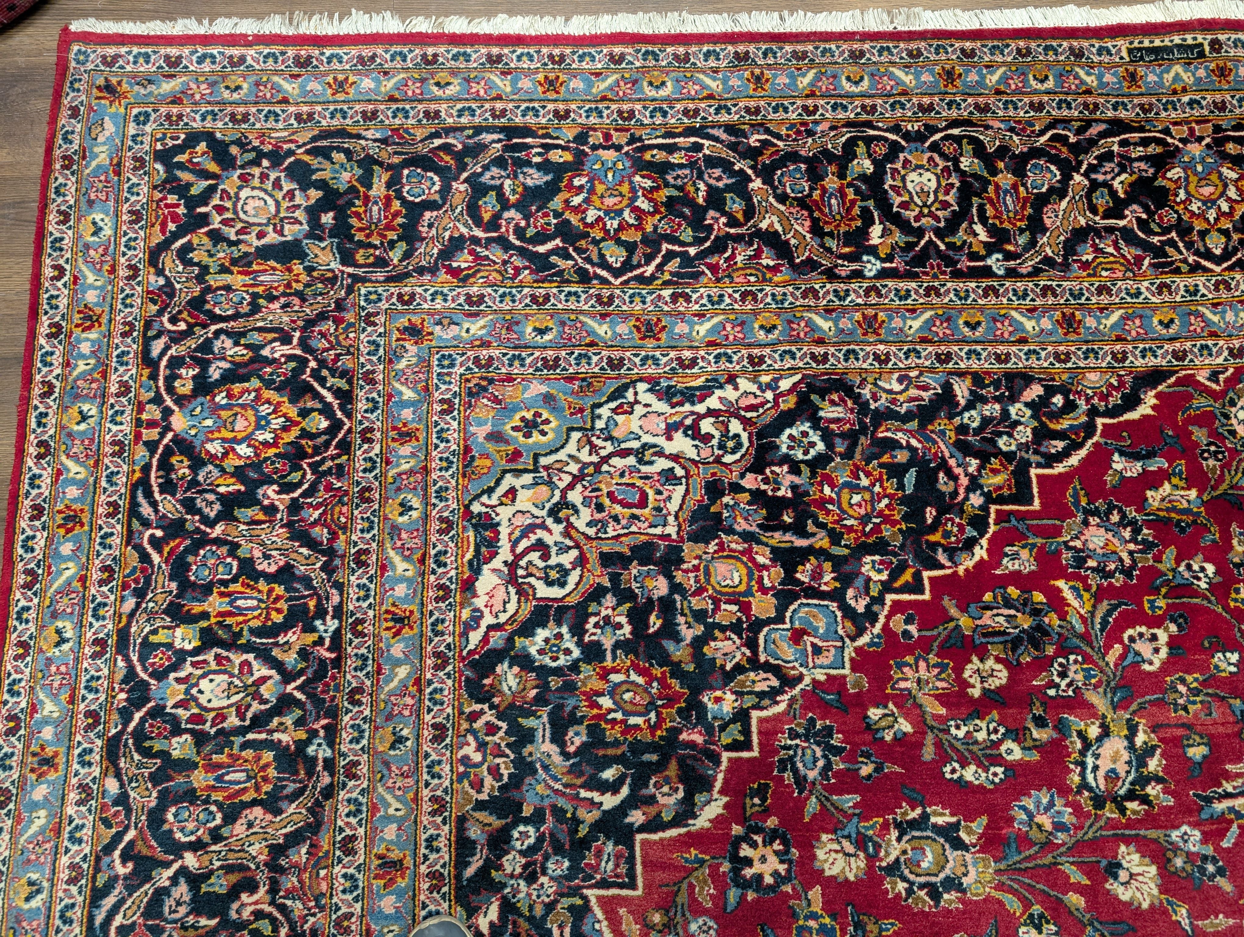Persian Kashan Rug 10x14, Red and Navy, Hand Knotted Wool Traditional Persian Carpet, Signed By Master Weaver - Jewel Rugs