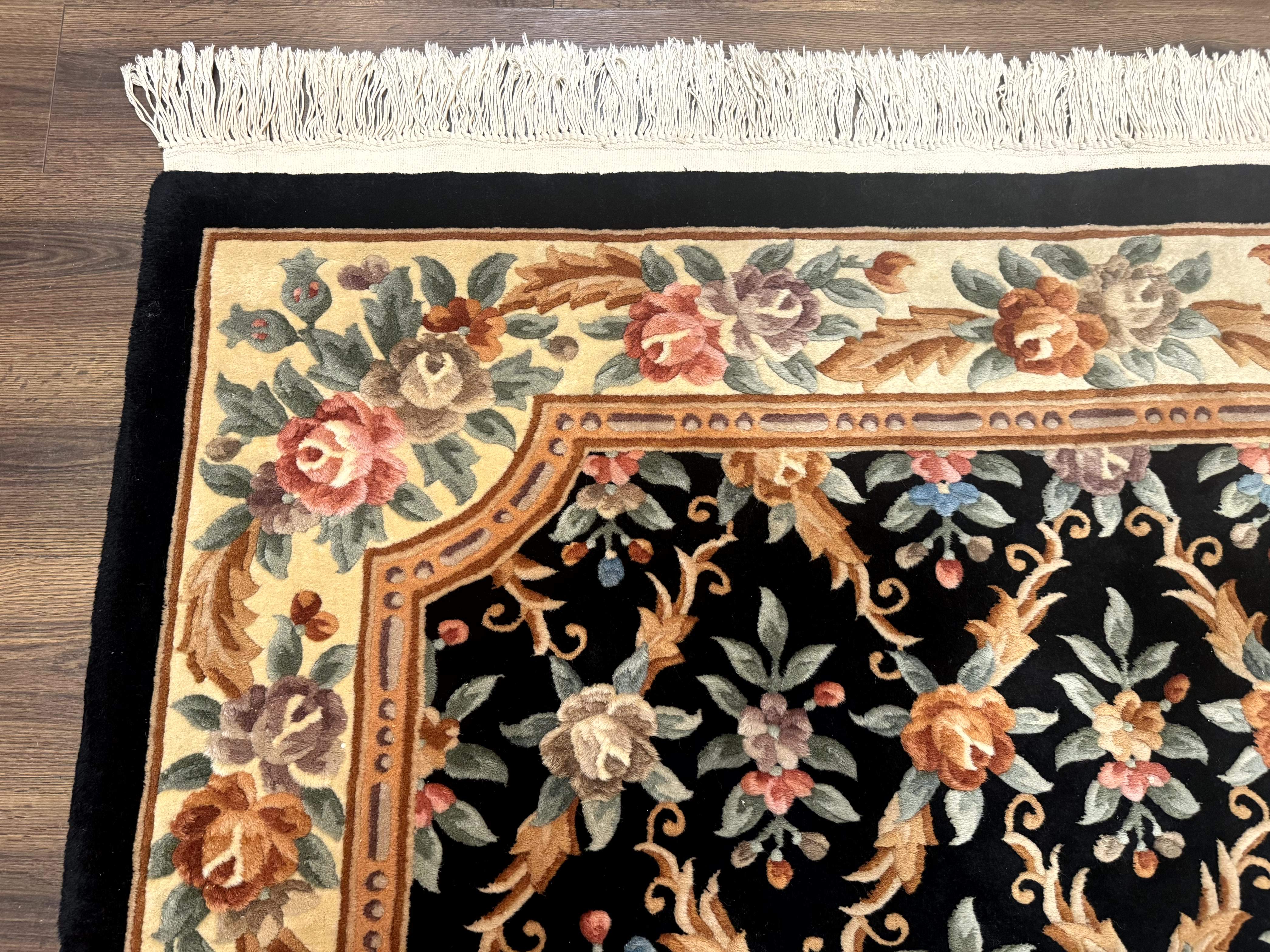 Chinese Wool Rug 6x9, Floral Aubusson Carpet, Black and Cream, 90 Line Rug - Jewel Rugs
