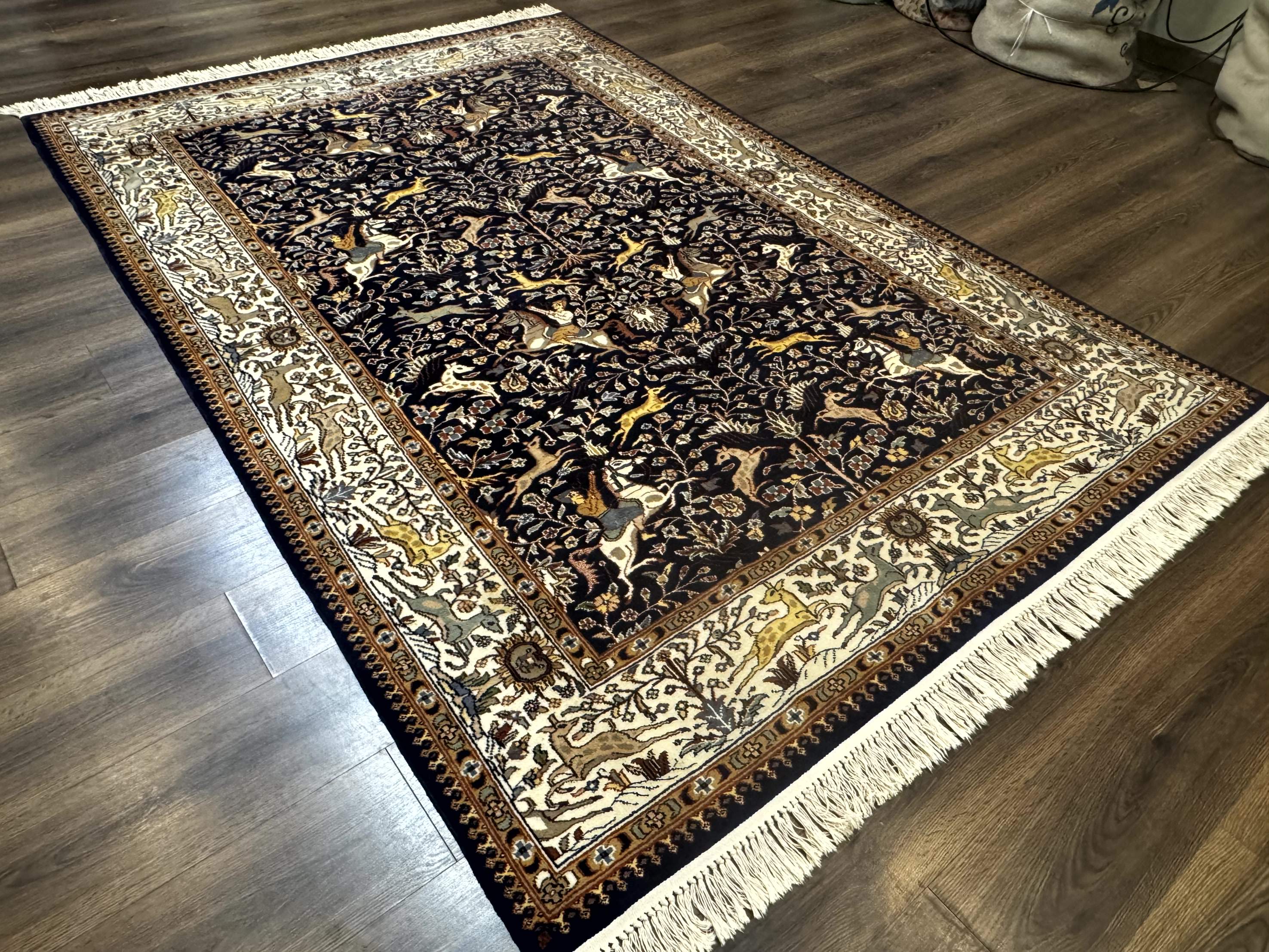 Indian Kashmiri Rug 6x9, Navy Blue and Ivory, Tree of Life, Hunting Design, Animal Pictorials, Horse Deer - Jewel Rugs