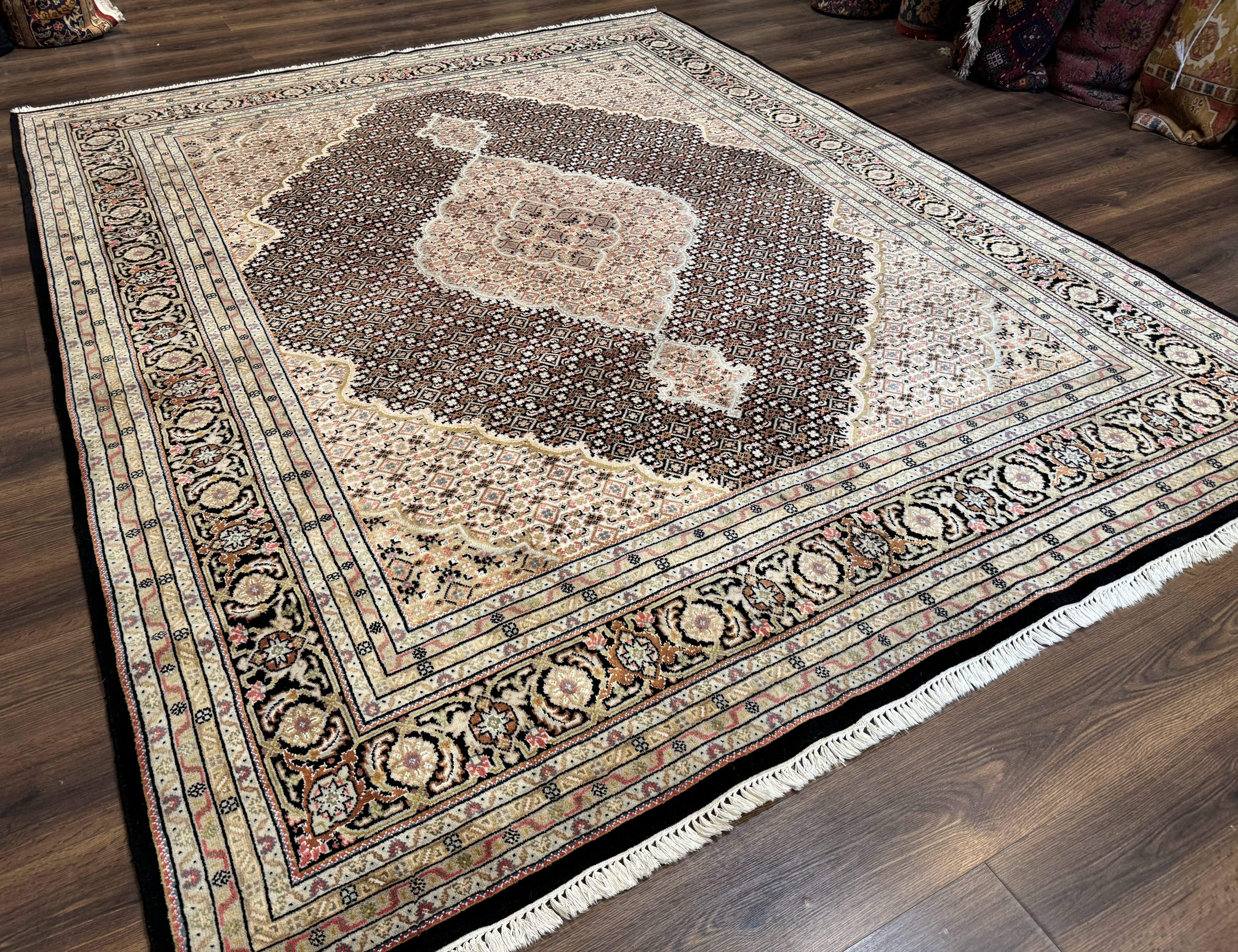 Indo Persian Rug 8x10, Herati Mahi Pattern, Black and Beige Oriental Carpet - Jewel Rugs