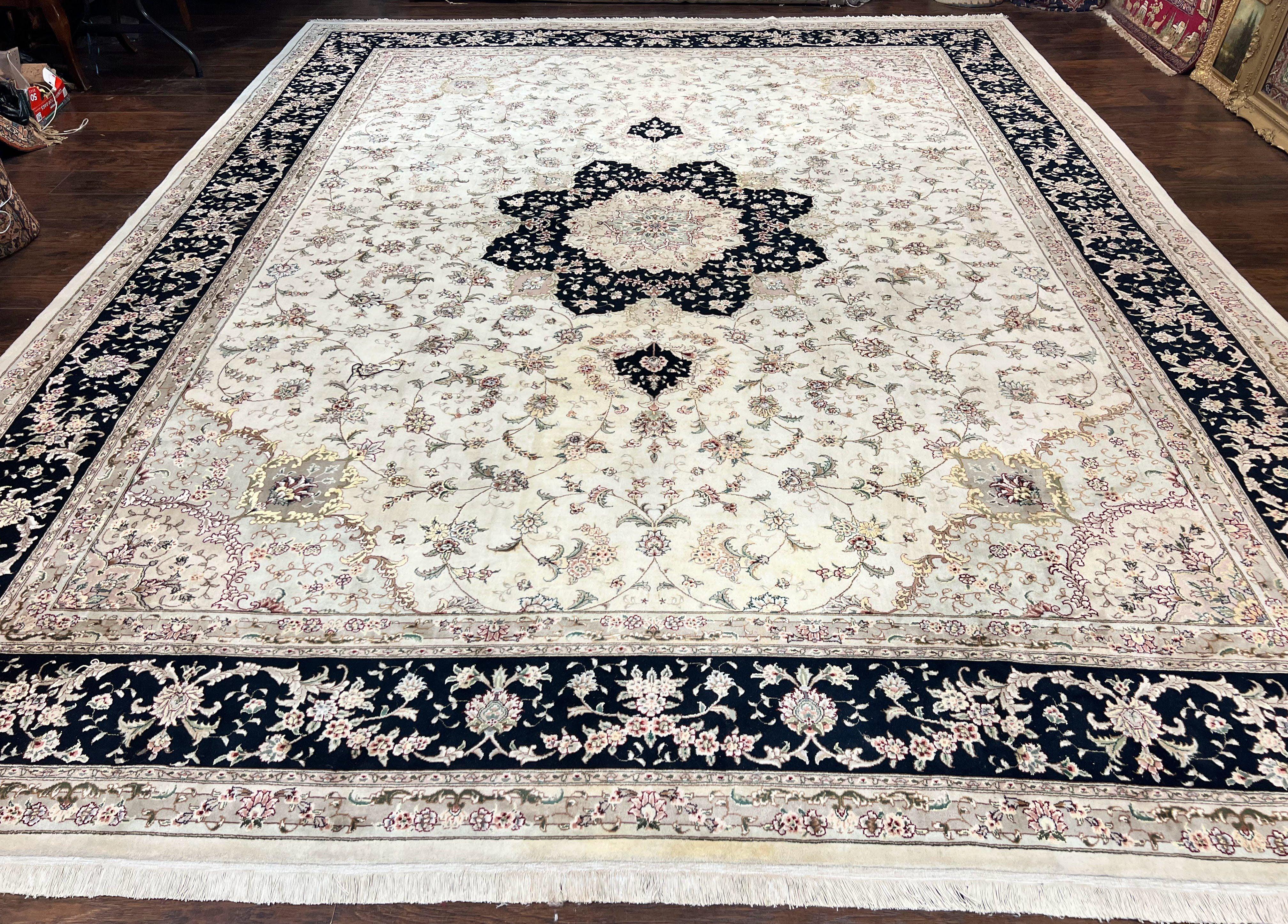 Sino Persian Rug 12x15, Ivory and Black, Floral Medallion Carpet, Large Palace Size Oriental Rug, Wool and Silk Highlights, Vintage Rug - Jewel Rugs