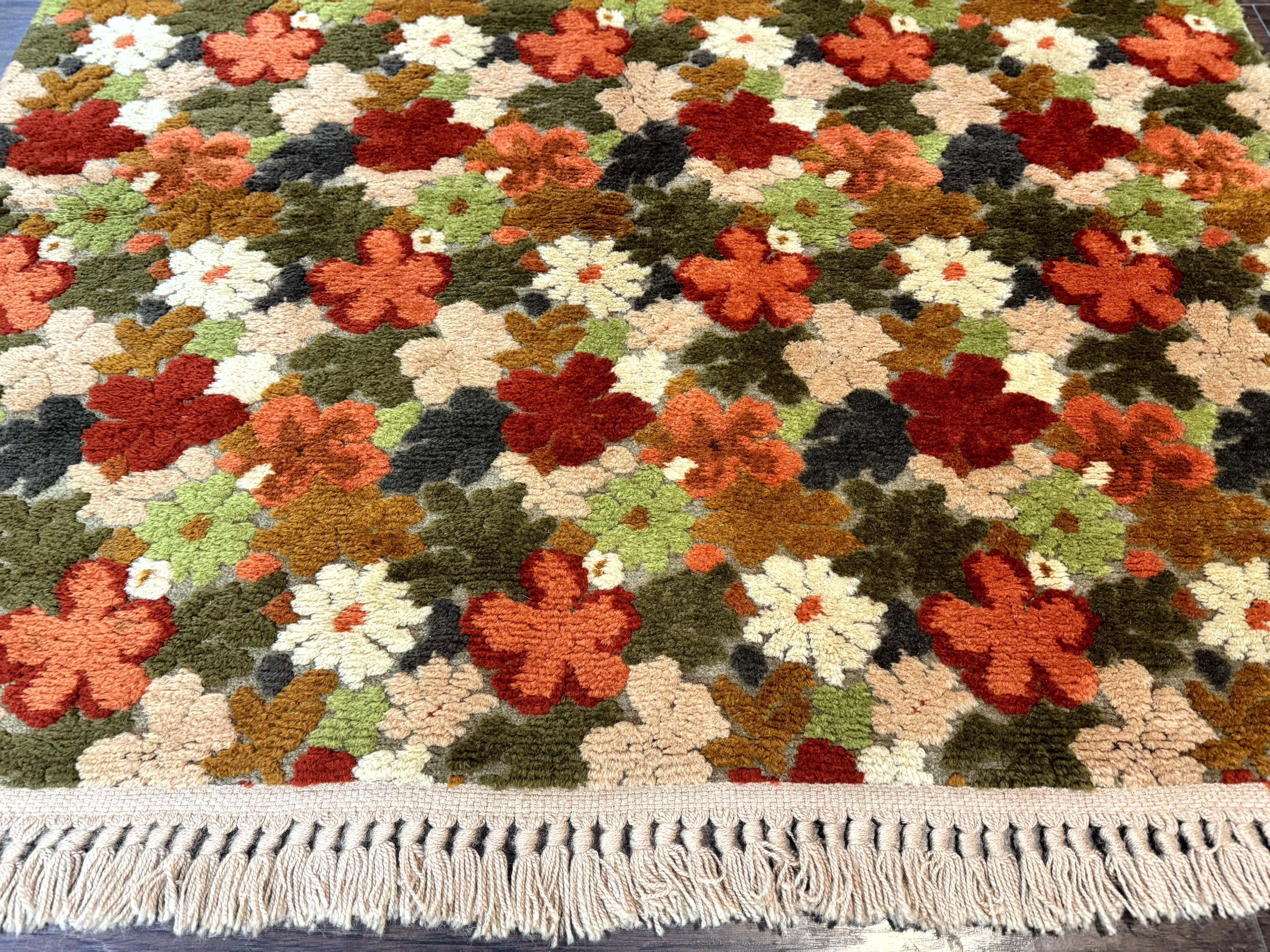 Floral Rug 6x9, Orange Green Beige, Vintage, Wool - Jewel Rugs