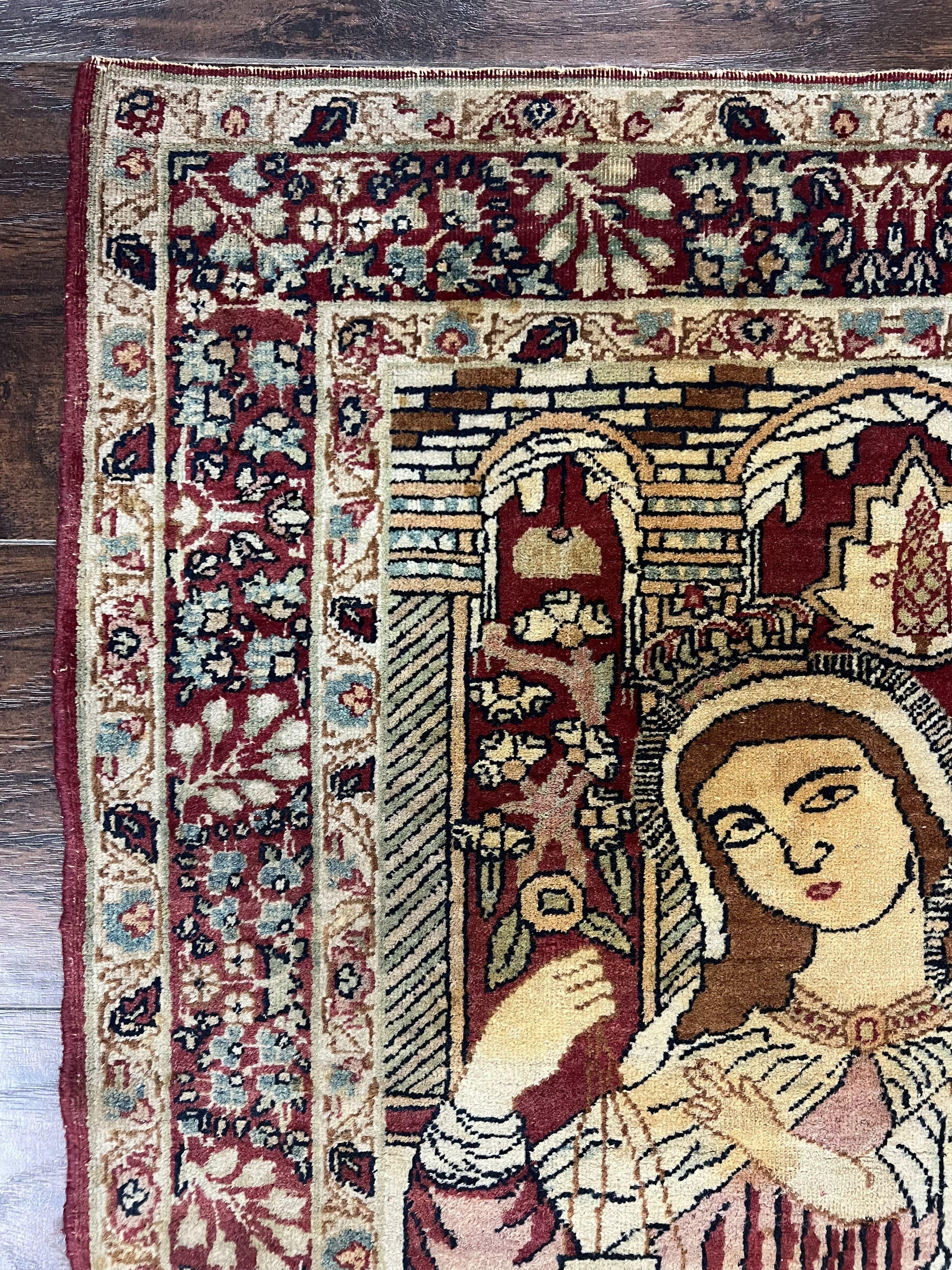 Antique Persian Pictorial Rug 2x3, Virgin Mary and Young Jesus, Rare Christian Kirman Lavar Rug, Hand Knotted Wool Carpet, Collectible - Jewel Rugs