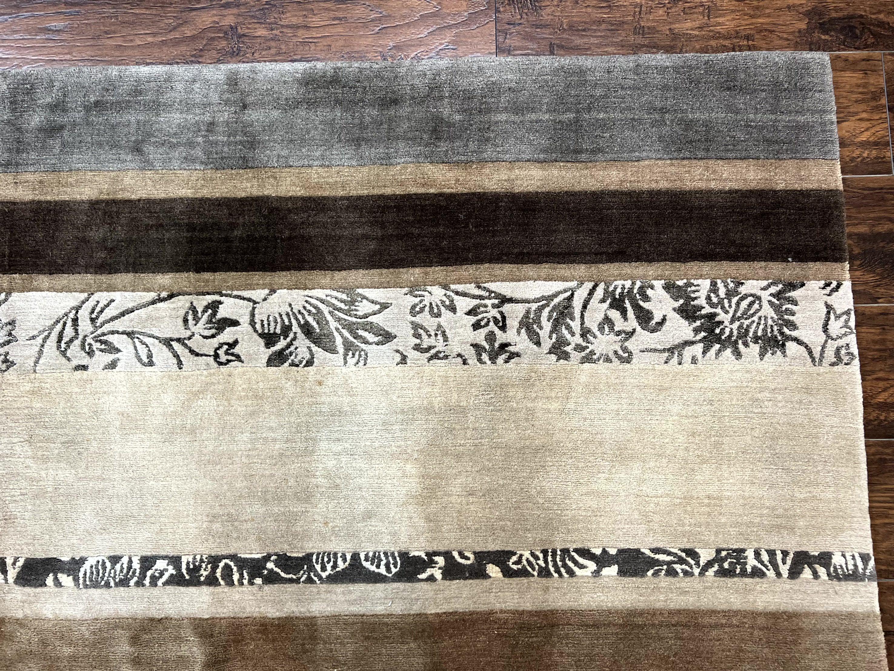 Modern Tibetan Nepali Rug 8x12, Stripe Pattern, Wool with Silk Highlights, Handmade, Beige Tan Brown - Jewel Rugs