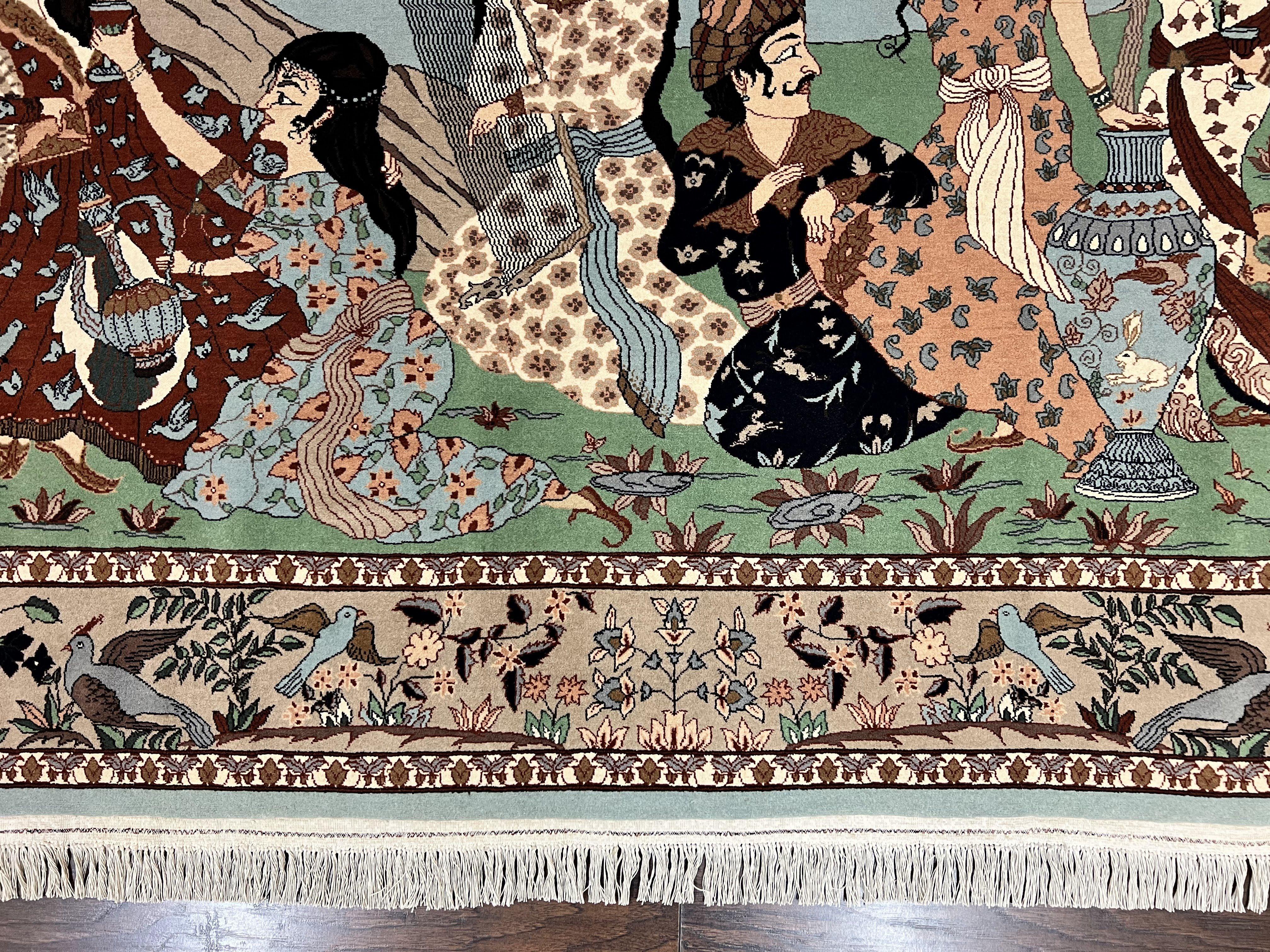 Indo Persian Pictorial Rug 4x7, Handmade Hand Knotted Wool Semi Antique Horizontal Carpet, Men & Women Drinking, Fine Rug, Bird Pictorials - Jewel Rugs