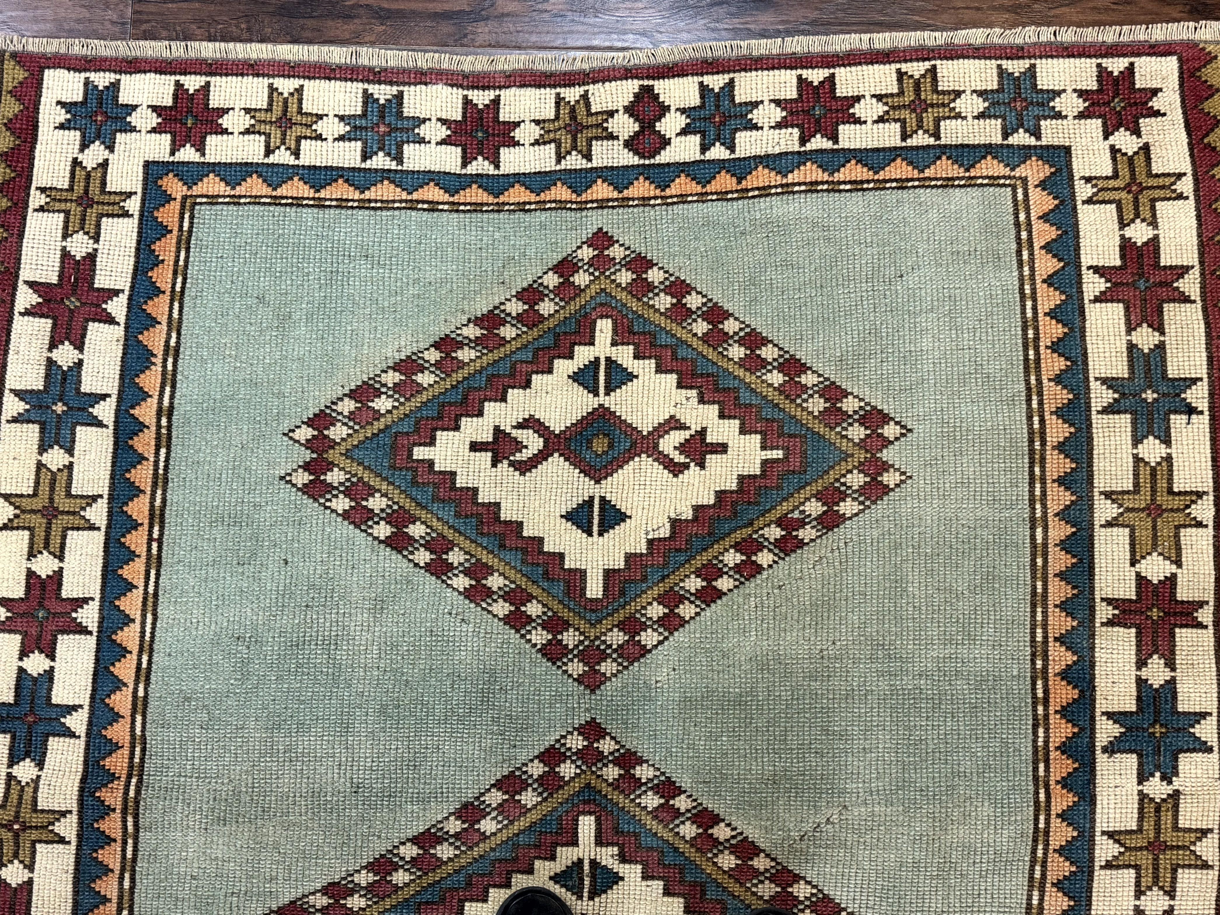 Turkish Kazak Rug 4x6, Geometric Medallion, Caucasian Design Rug, Semi Antique Vintage, Mint Green Maroon Ivory - Jewel Rugs