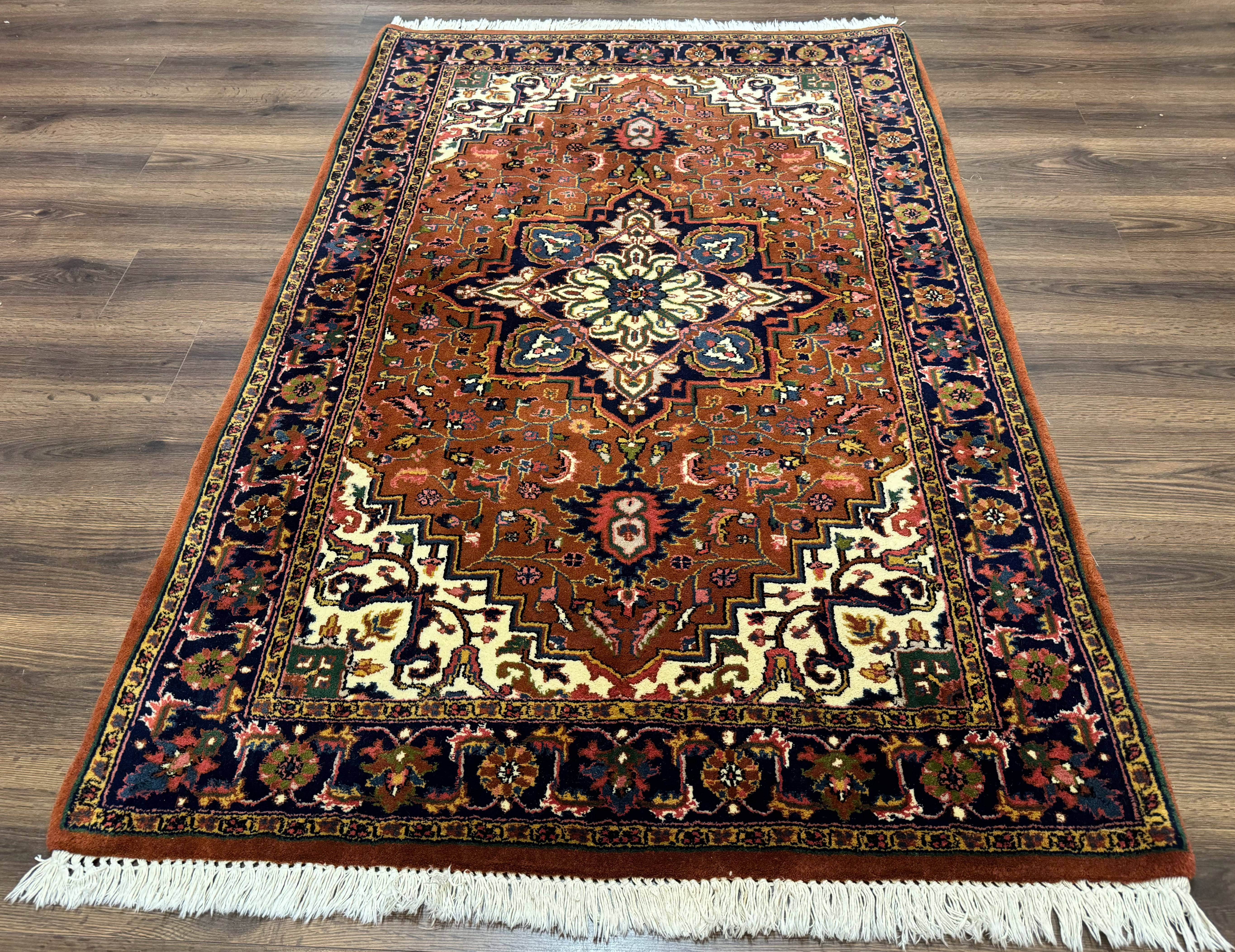 Indo Persian Heriz Rug 4x6, Rust Red Navy Blue and Cream - Jewel Rugs