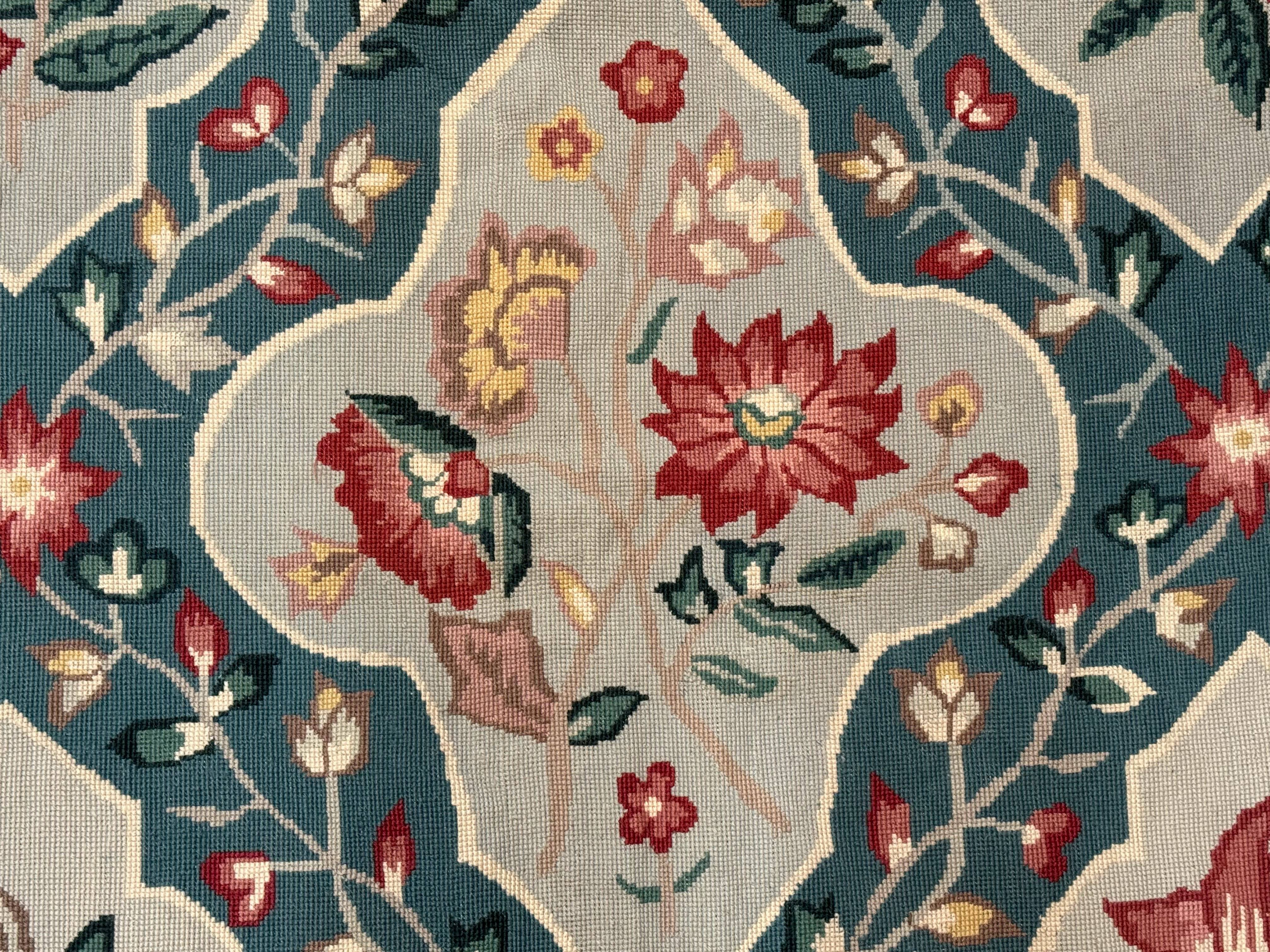 Teal Needlepoint Rug 6x9, Panel Design, Floral Bouquets, Handmade - Jewel Rugs