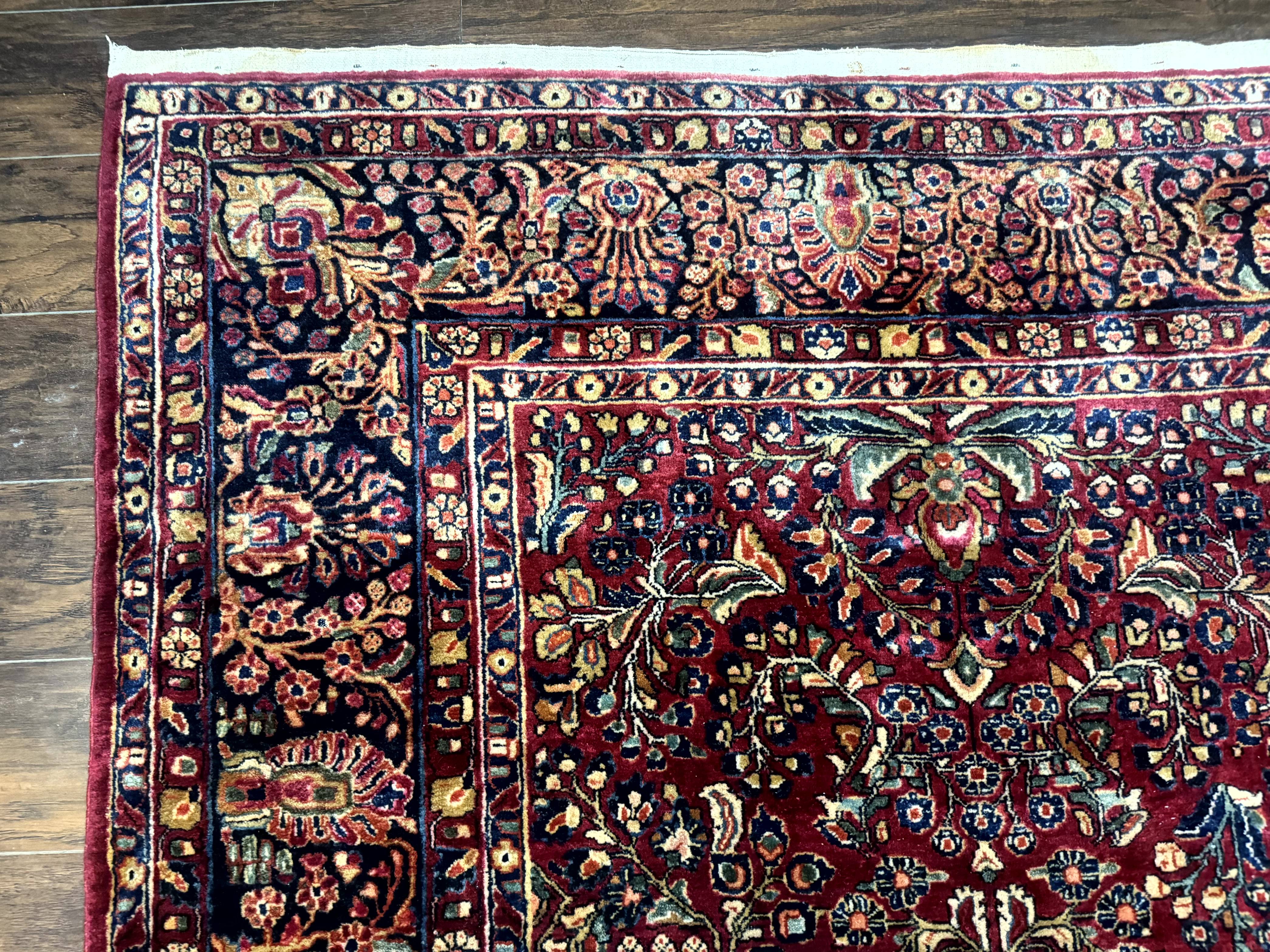 Antique Persian Sarouk Rug 9x12, Red and Blue, Large, Wool, Floral Allover - Jewel Rugs