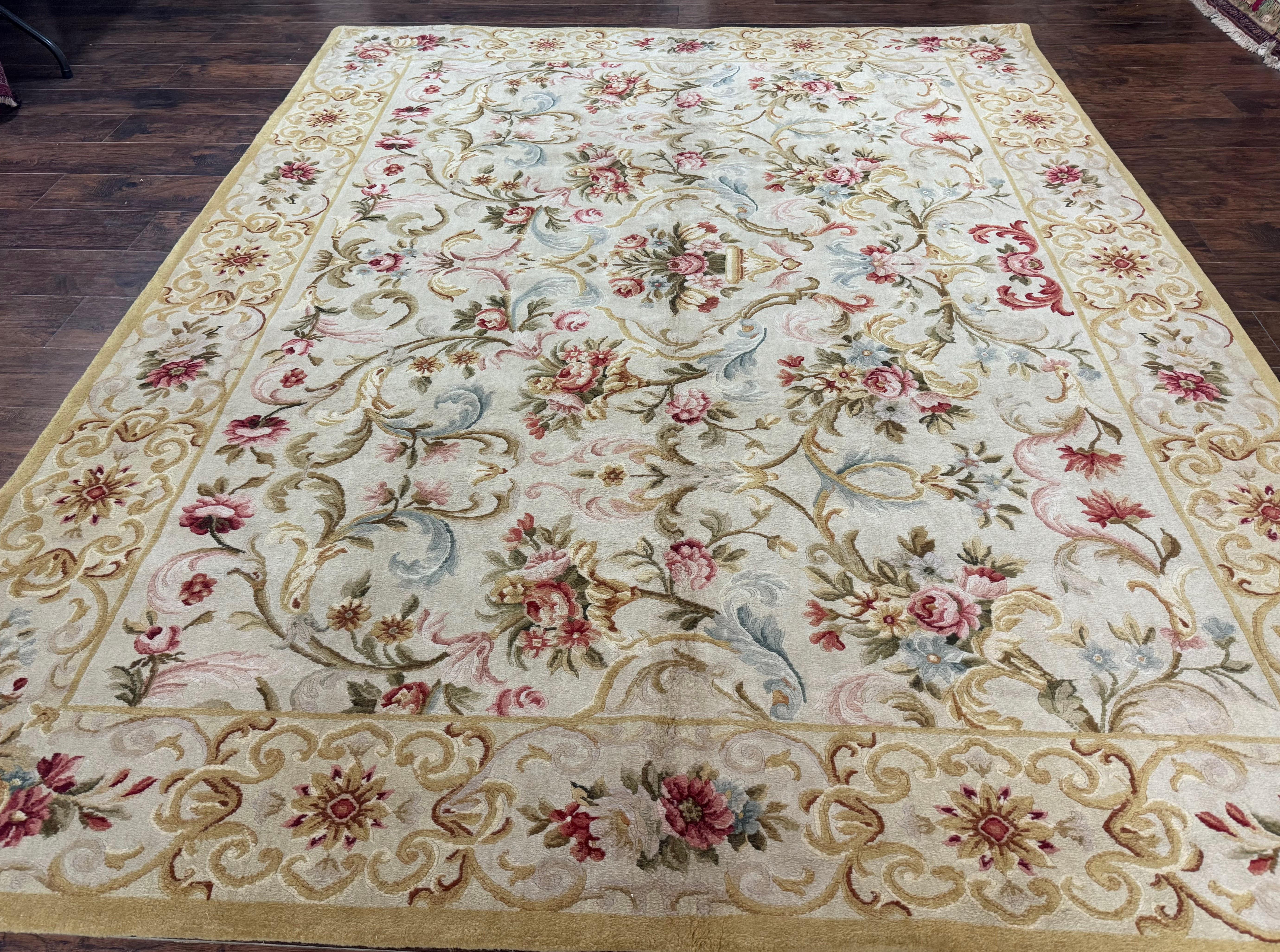 Aubusson Rug 8x10, French European Design, Vintage Handmade Wool Carpet, Aubusson Rug with Pile, Floral - Jewel Rugs