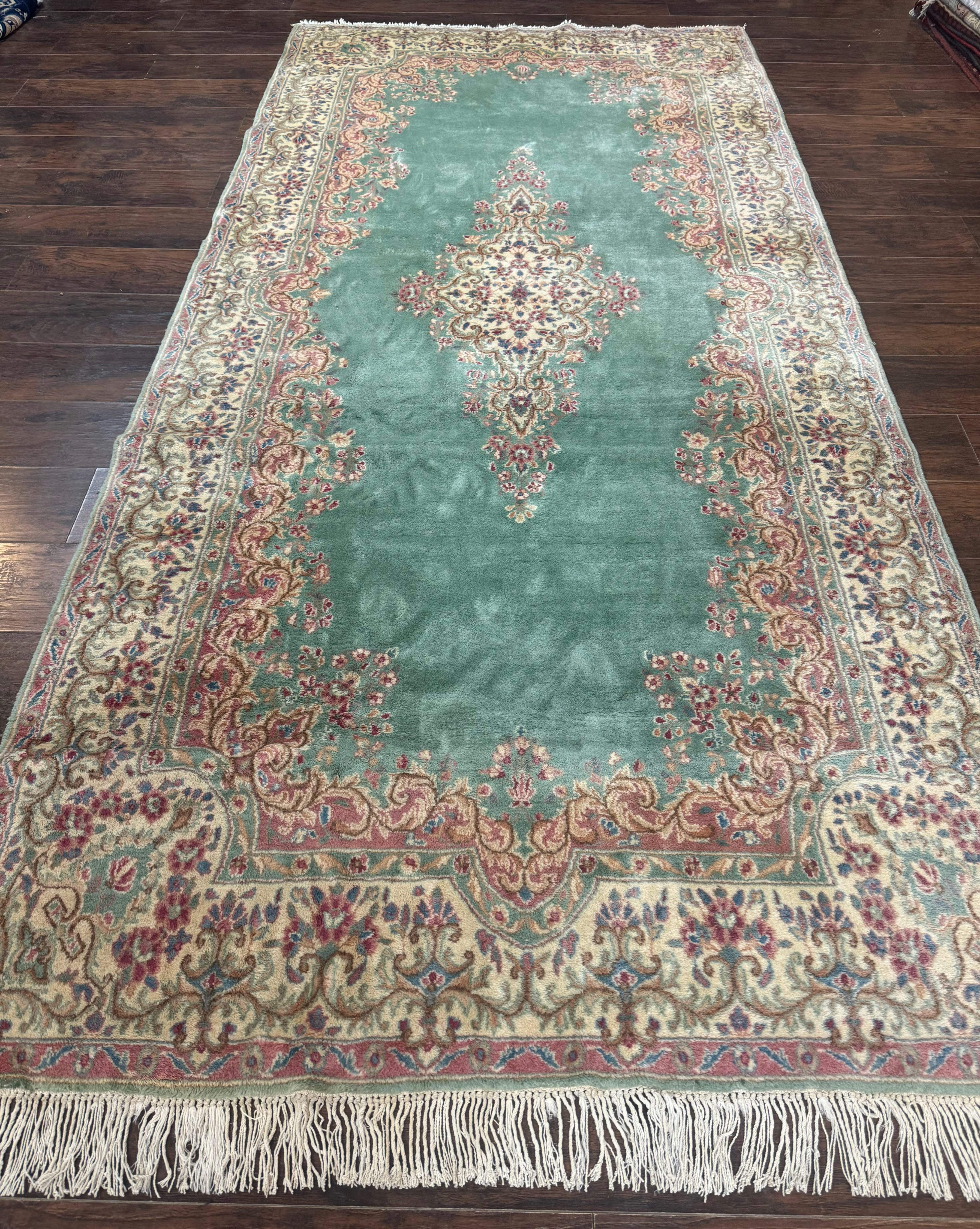 Persian Kerman Wide Runner Rug 5x11 – Seafoam Green and Beige, Wool Vintage Carpet - Jewel Rugs