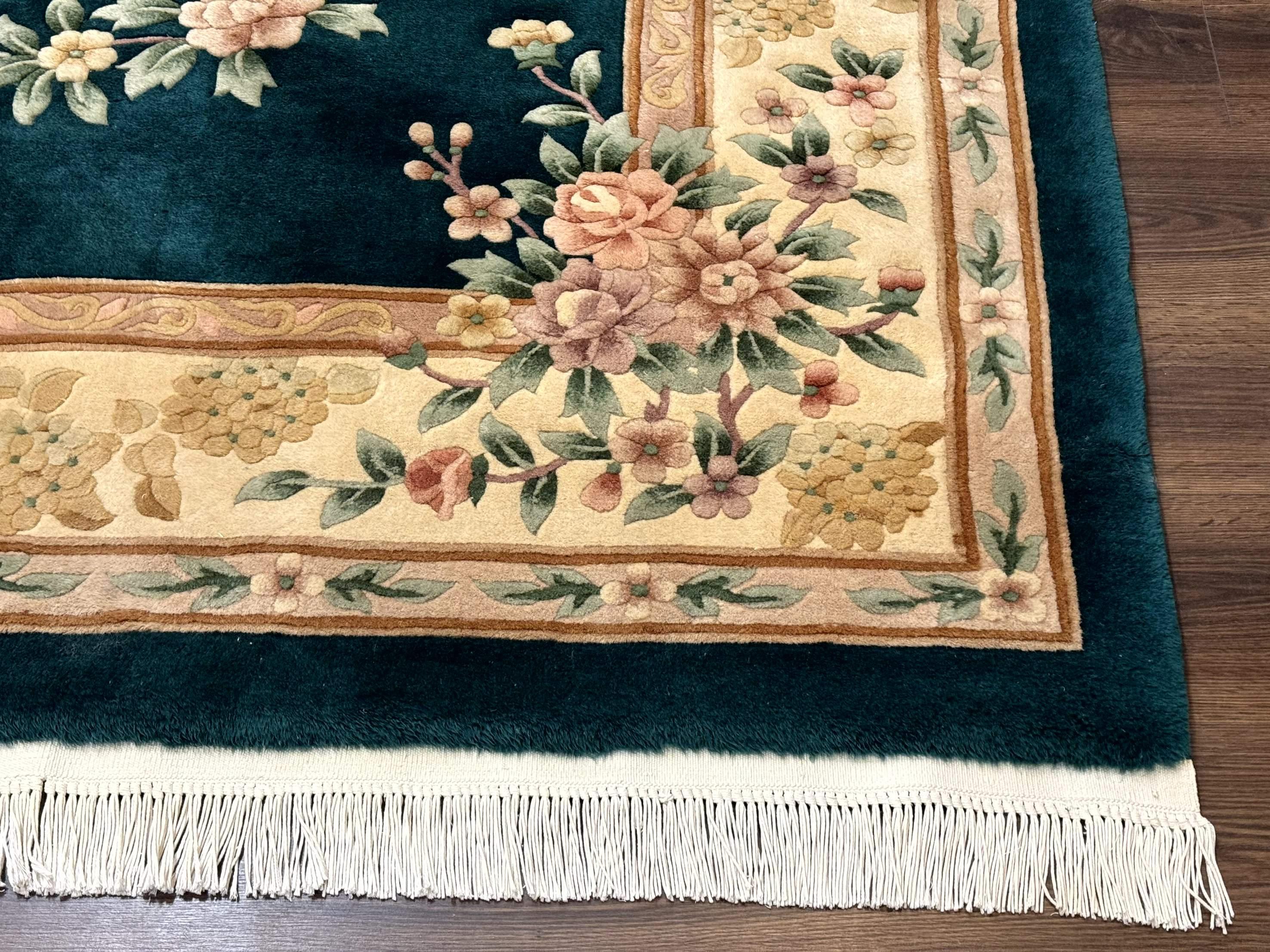 Chinese Wool Rug 8x10, Floral, Soft Thick Pile, Chinese Aubusson 90 Line Rug, Dark Teal and Beige - Jewel Rugs