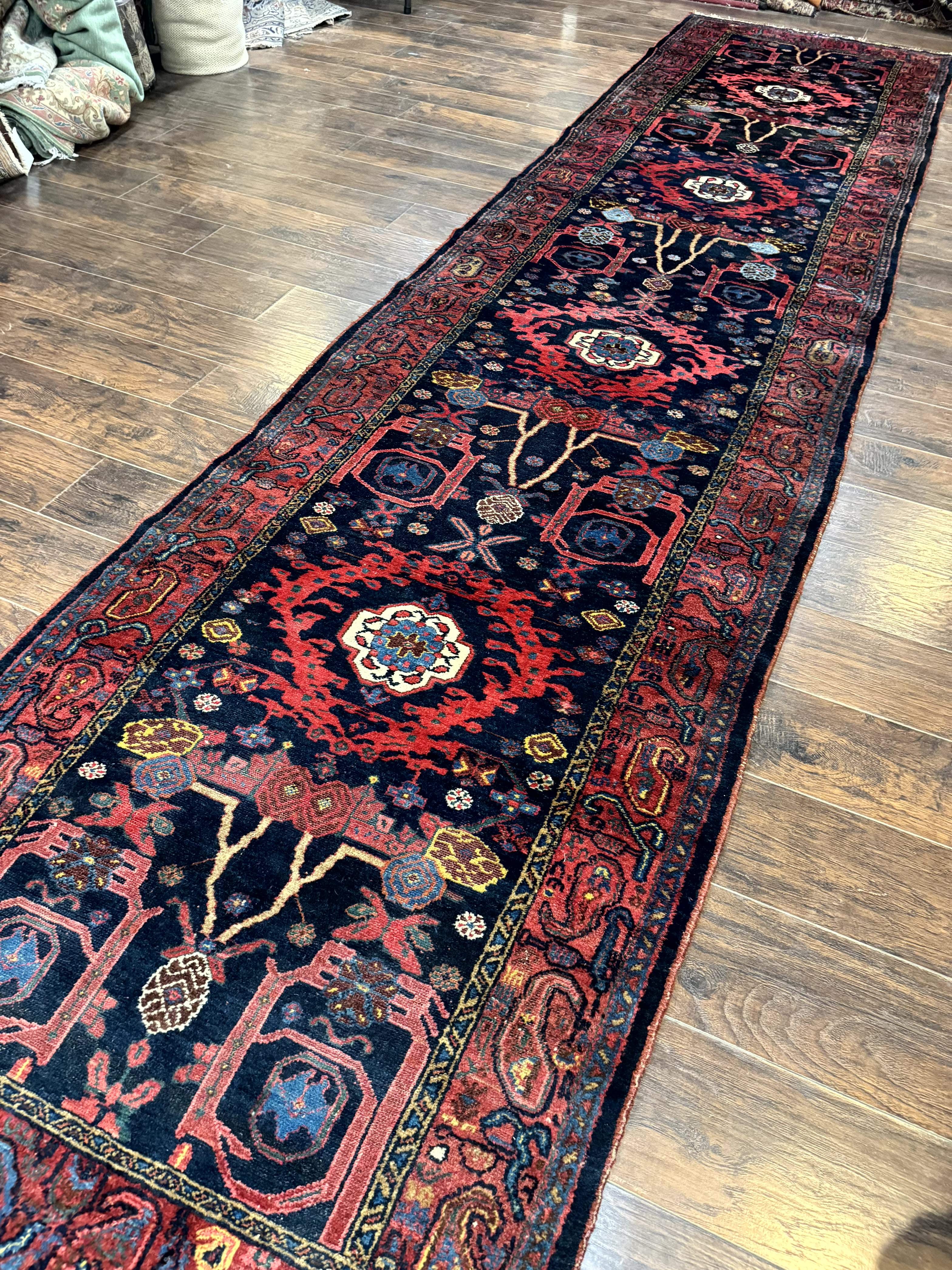 Rare Persian Malayer Runner Rug 4x16 – Navy and Red, Hand-Knotted Wool Antique Carpet, Paisley Border - Jewel Rugs