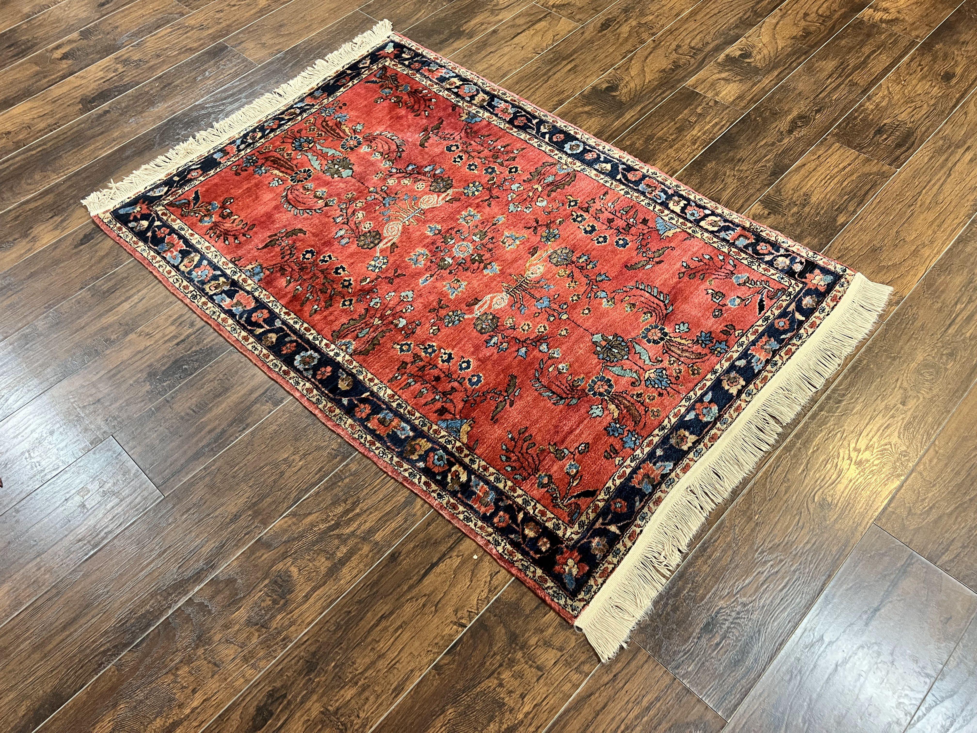 Persian Sarouk Rug 3x5, Antique Persian Carpet, Red and Navy Blue, Hand Knotted Handmade Floral Wool 1920s Fine Oriental Rug - Jewel Rugs