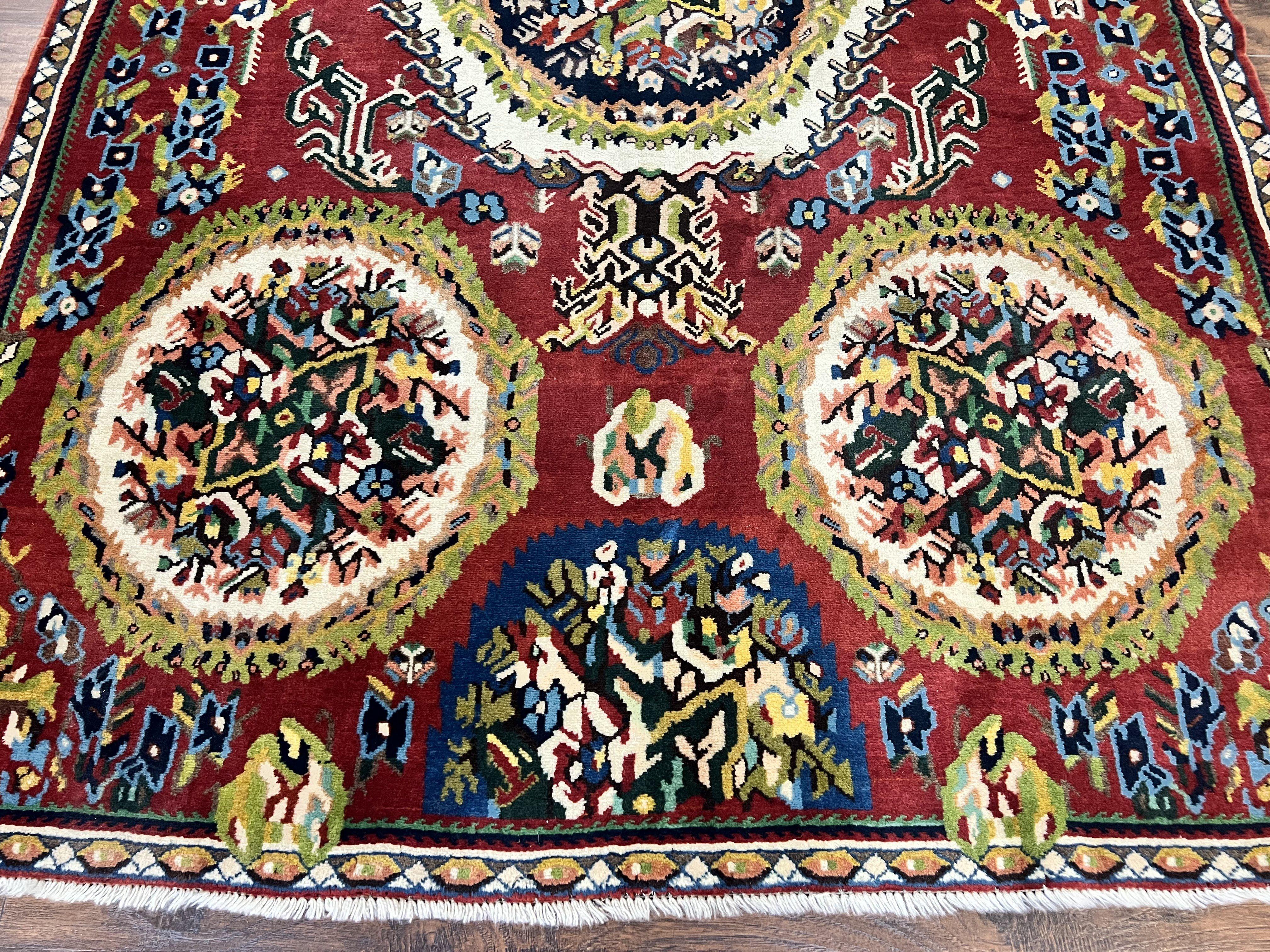 Persian Bakhtiari Rug 5x8, Wool Hand Knotted Antique Carpet, Red, Floral Oriental Rug, 5 x 8 Medium Sized Rug - Jewel Rugs