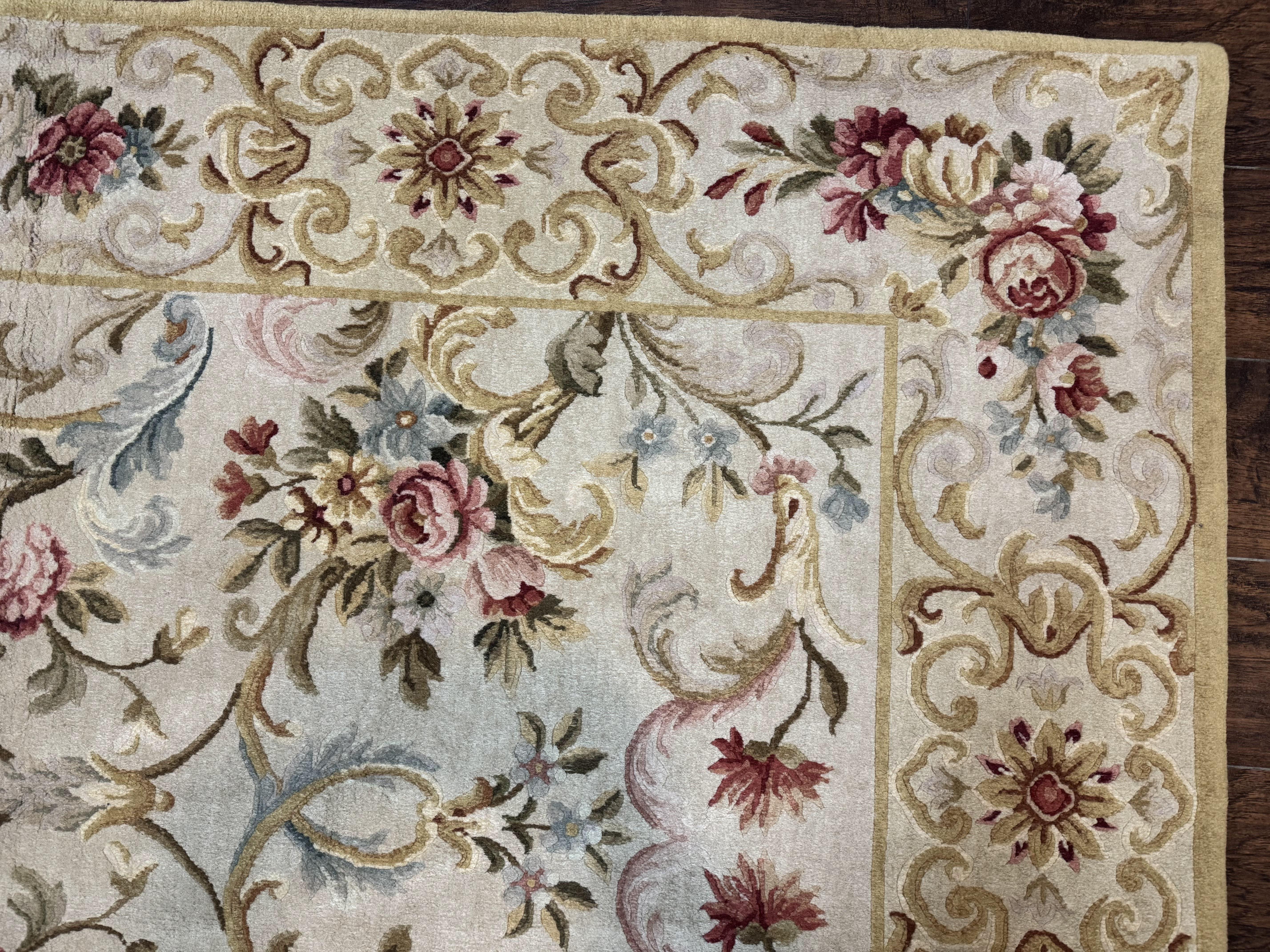 Aubusson Rug 8x10, French European Design, Vintage Handmade Wool Carpet, Aubusson Rug with Pile, Floral - Jewel Rugs