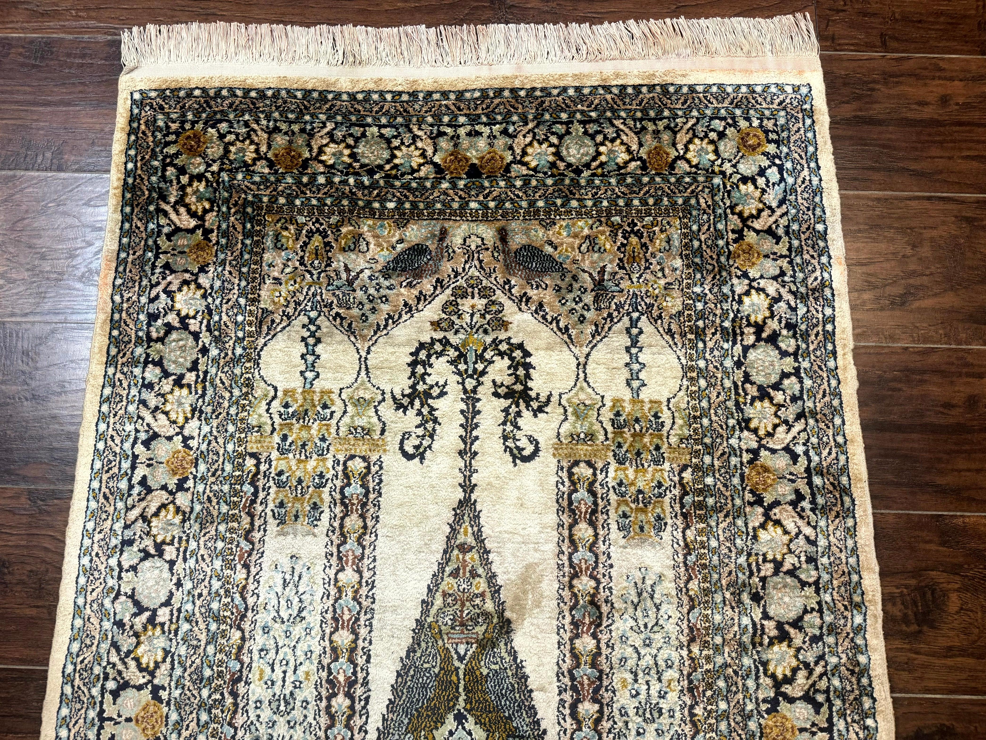 Silk Indian Kashmiri Rug 3x4, Very Fine 400 KPSI, Silk Prayer Rug, Handmade - Jewel Rugs