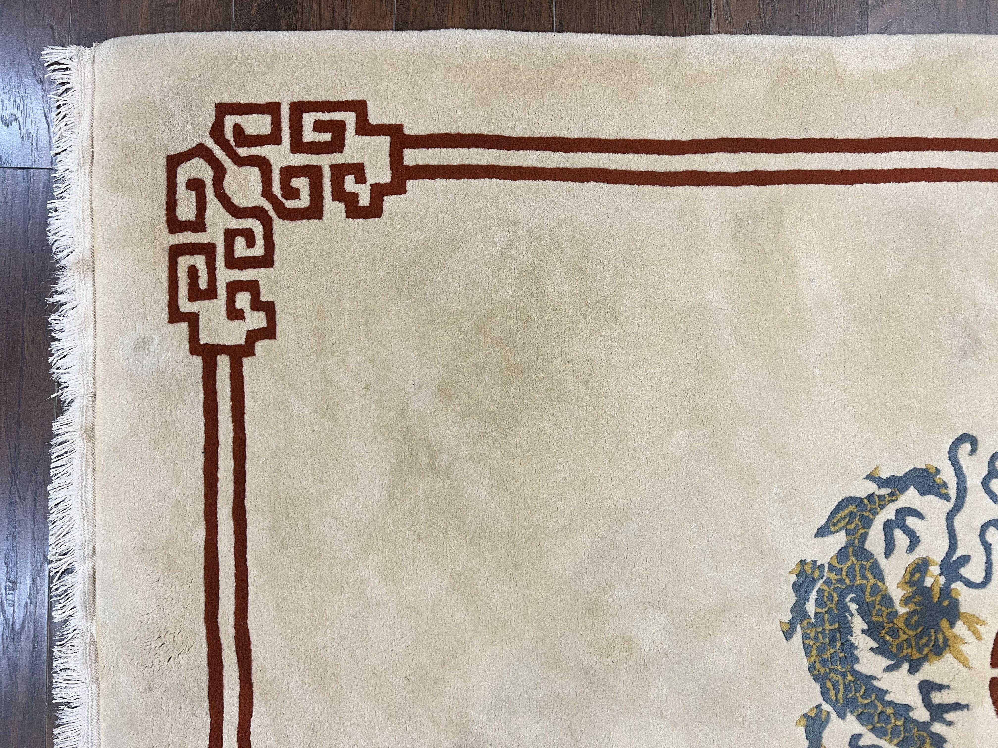 Chinese Wool Rug 5x8, Chinese Dragon Rug 5 x 8, Peking Carpet, Simple Design, Ivory, Wool Vintage Handmade Asian Art Deco Oriental Rug - Jewel Rugs