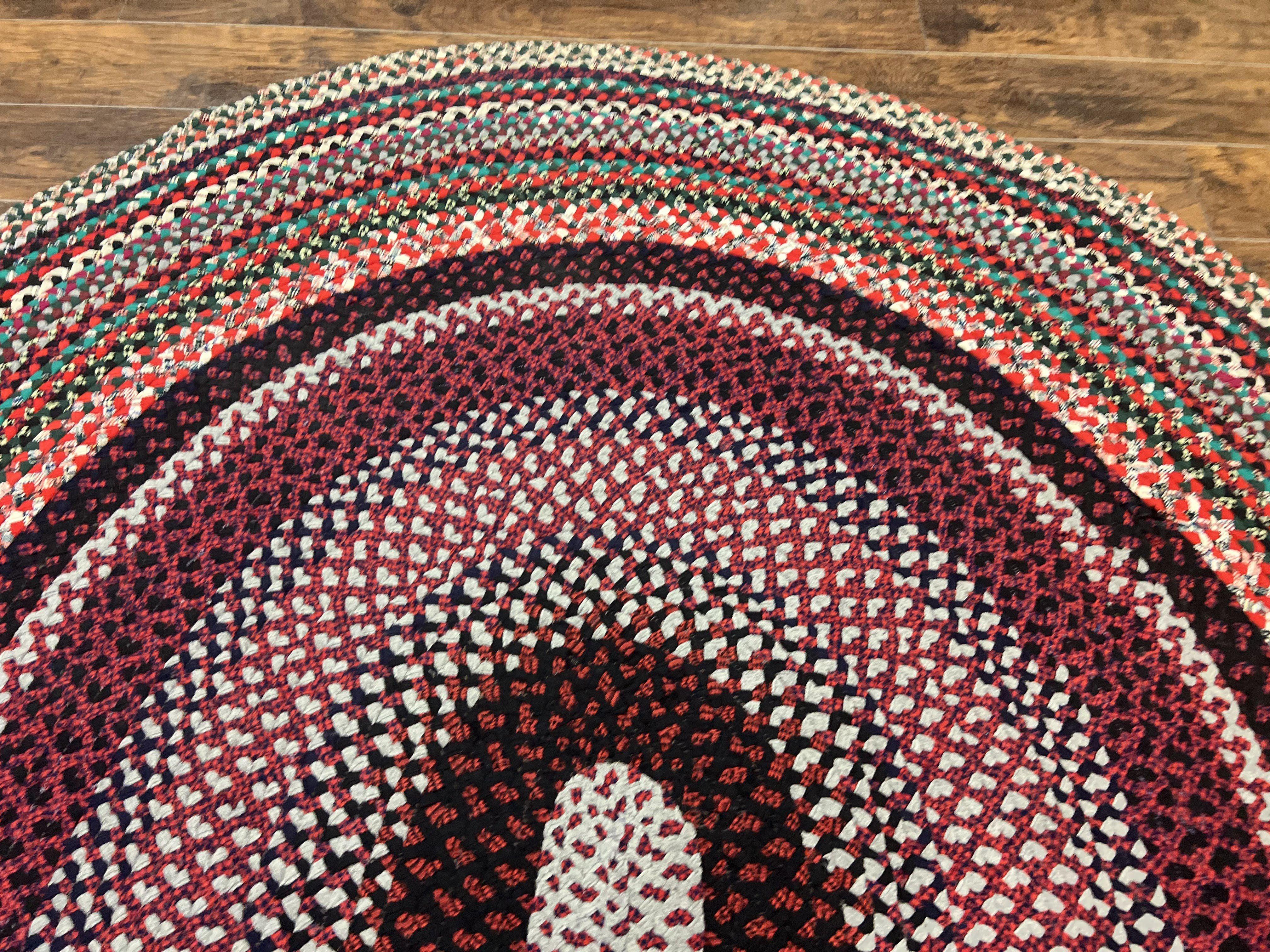 Large American Braided Rug 8x10, Multicolor Reds, Hand Braided Oval Carpet, Vintage - Jewel Rugs
