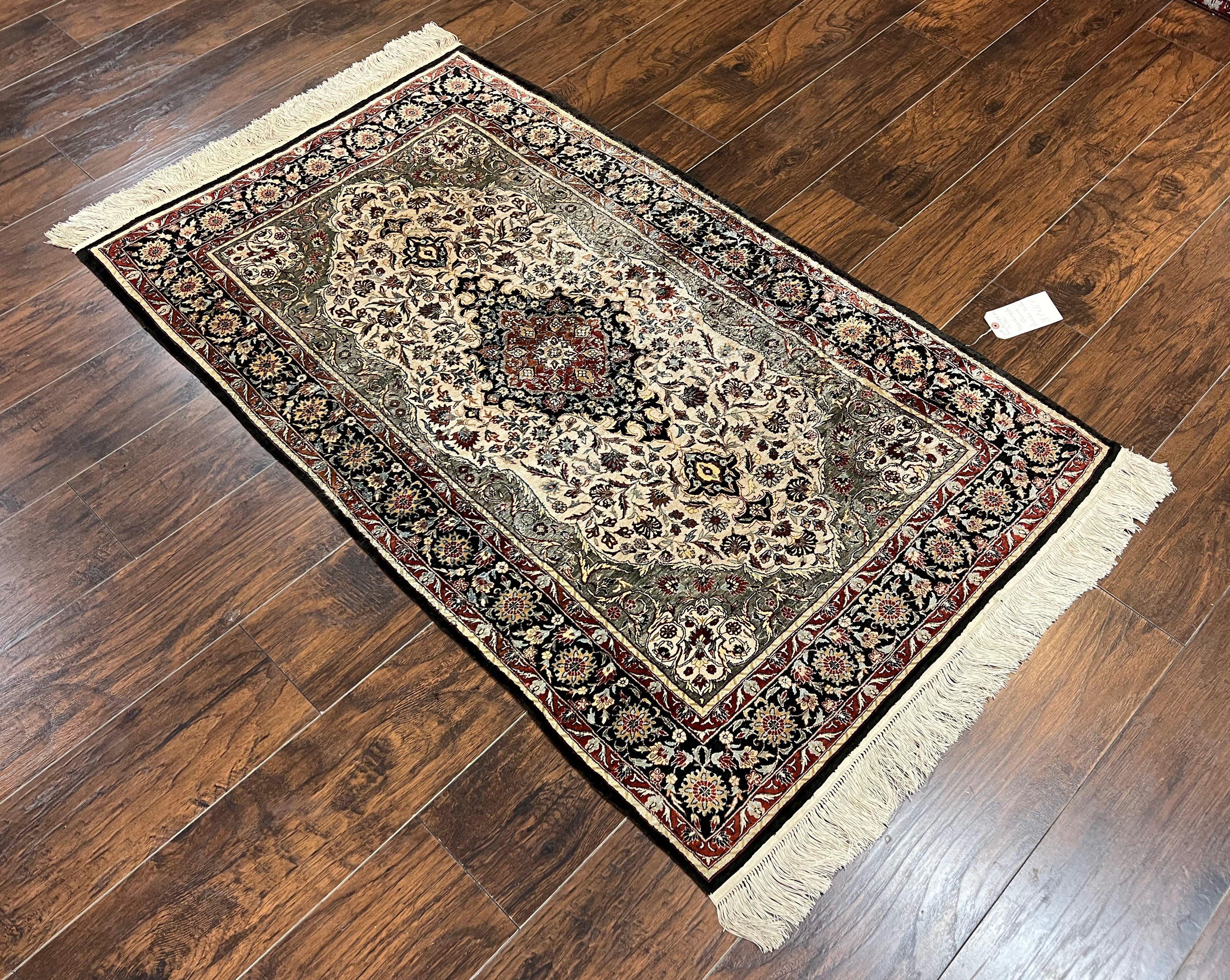 Silk Sino Persian Rug 3x5, Floral Medallion, Hand Knotted Silk Pile Silk Foundation, Traditional Silk Handmade Oriental Carpet, Cream Black - Jewel Rugs