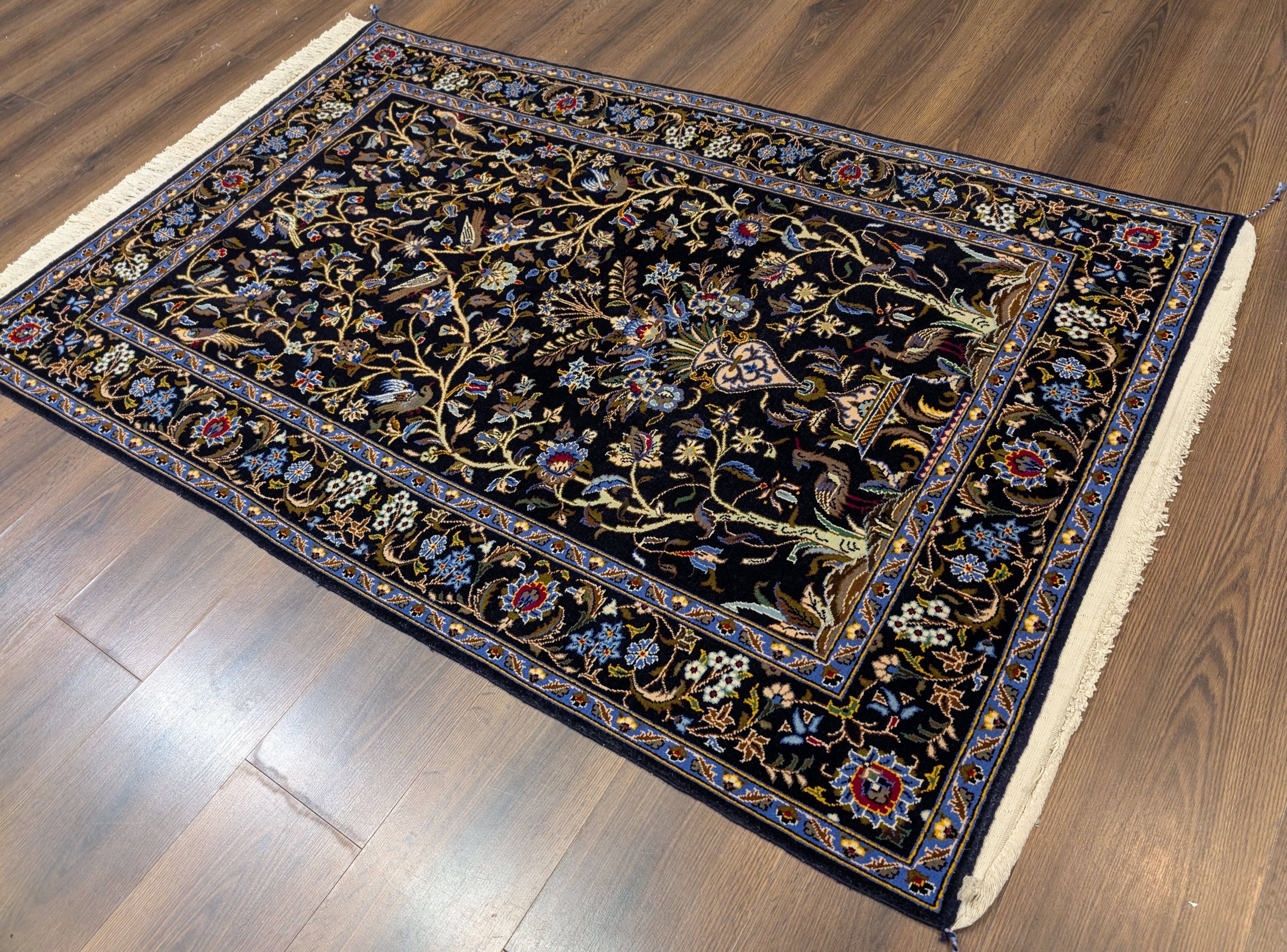 Persian Kashan Tree of Life Rug 4x6, Navy Blue, Birds & Animal Pictorials - Jewel Rugs