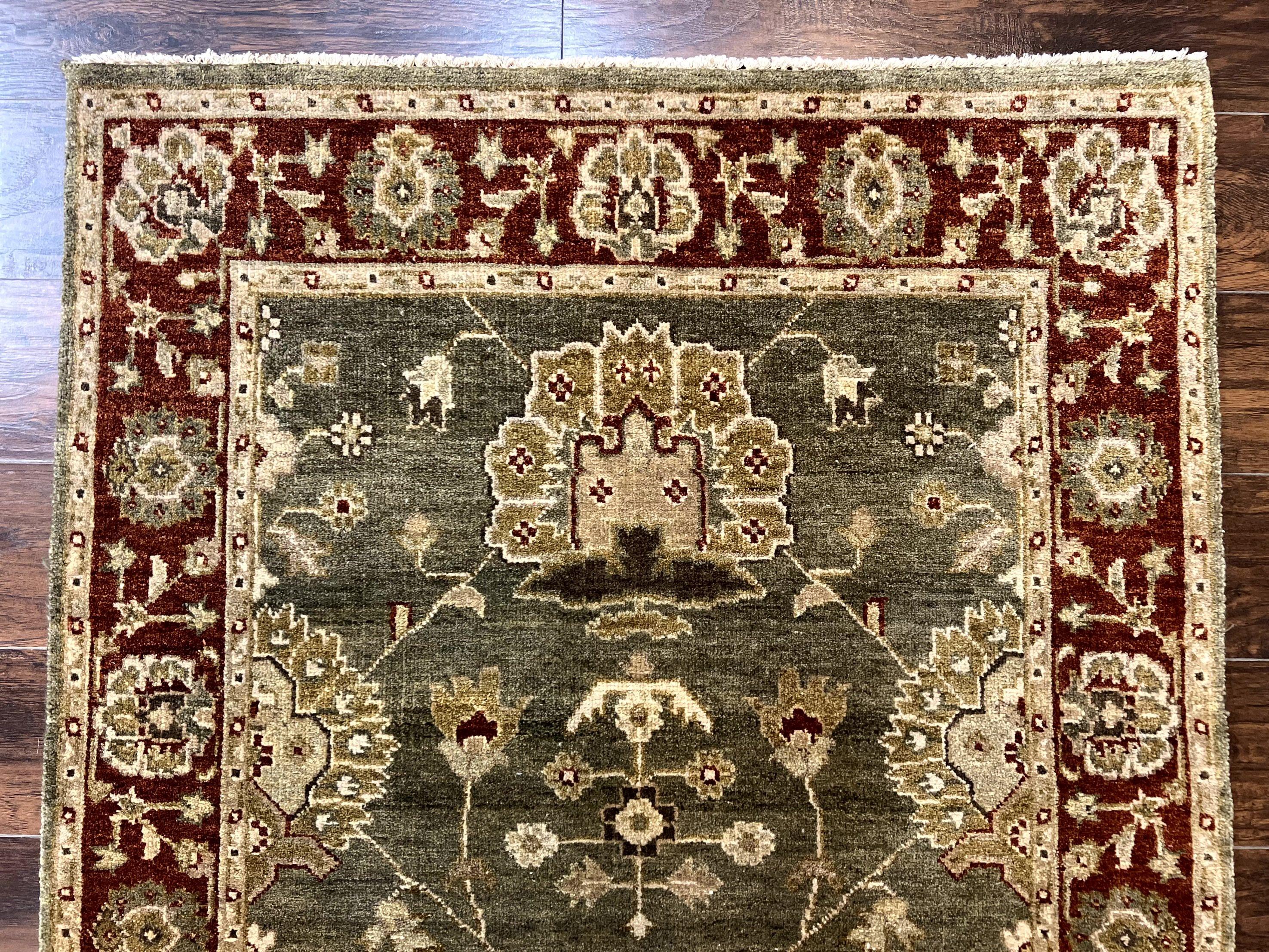Indo Oushak Rug 4x6, Green and Maroon, Vintage Wool Floral Rug, Indian Agra Rug - Jewel Rugs