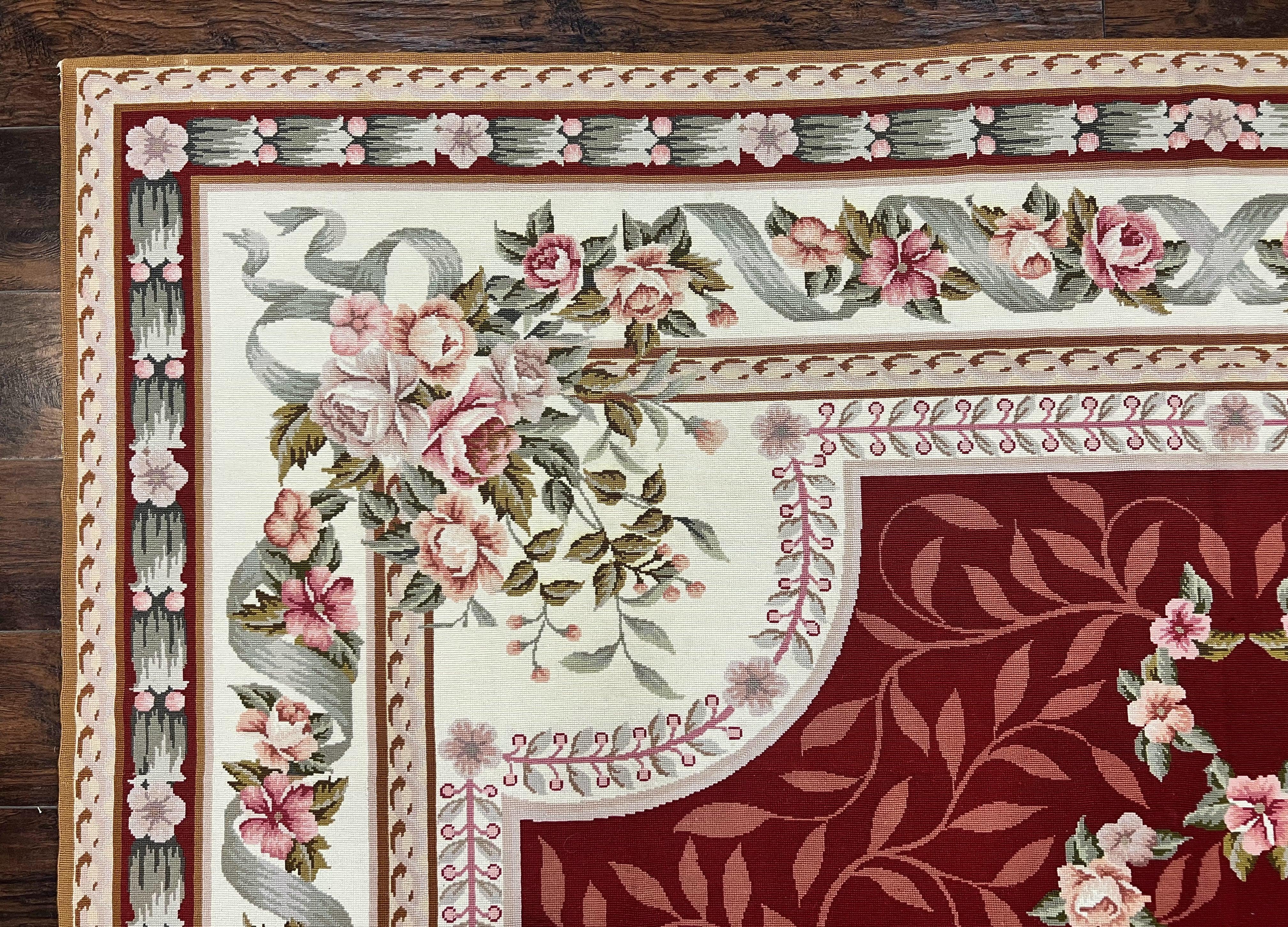 Wonderful Aubusson Rug 9x12, Handmade Vintage Needlepoint Carpet, Red and Ivory, Elegant European Design, Wool - Jewel Rugs