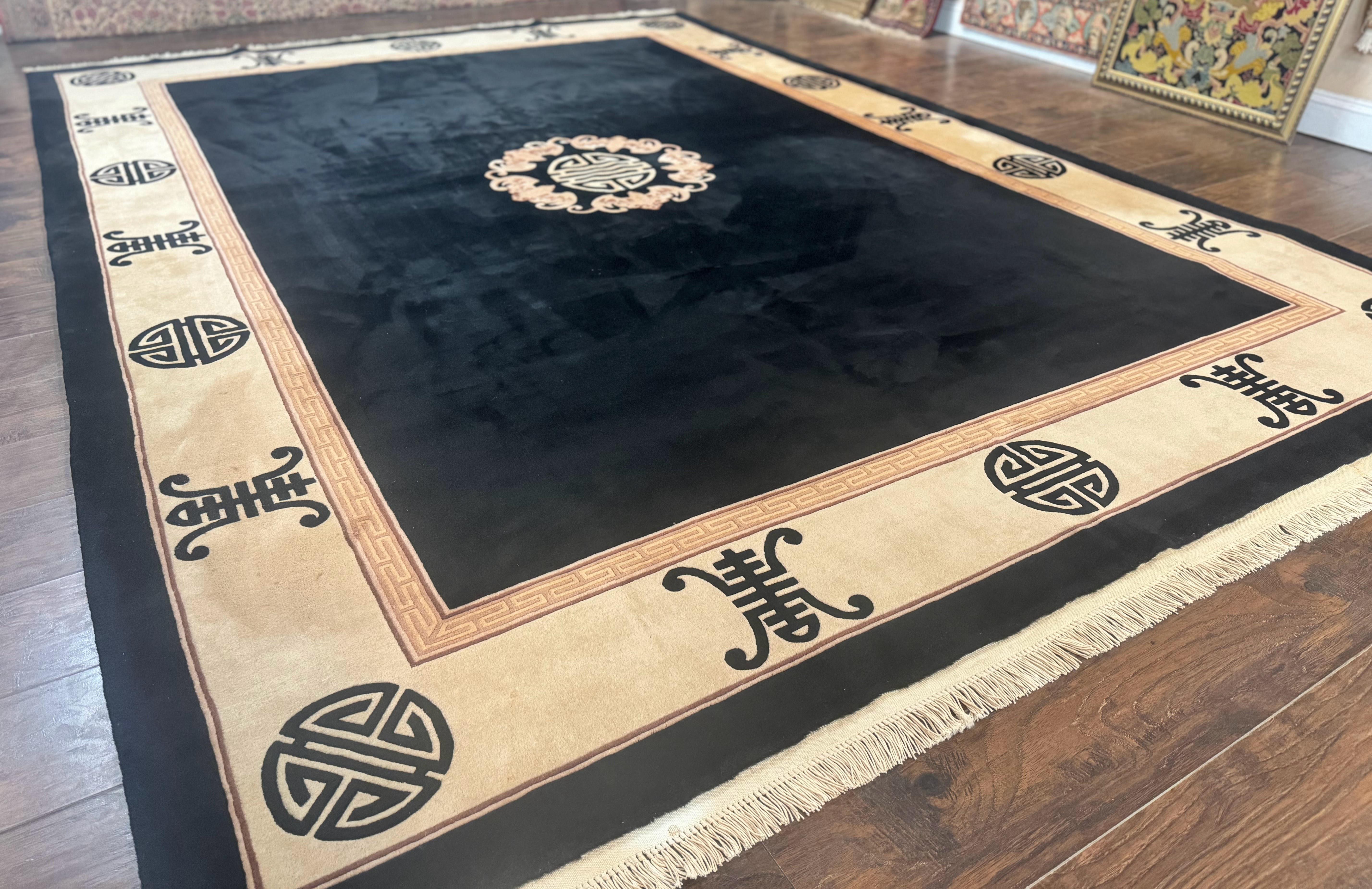 Black Chinese Wool Rug 9x12, Vintage Asian Oriental Carpet, Open Field Simple Design, Black and Beige - Jewel Rugs