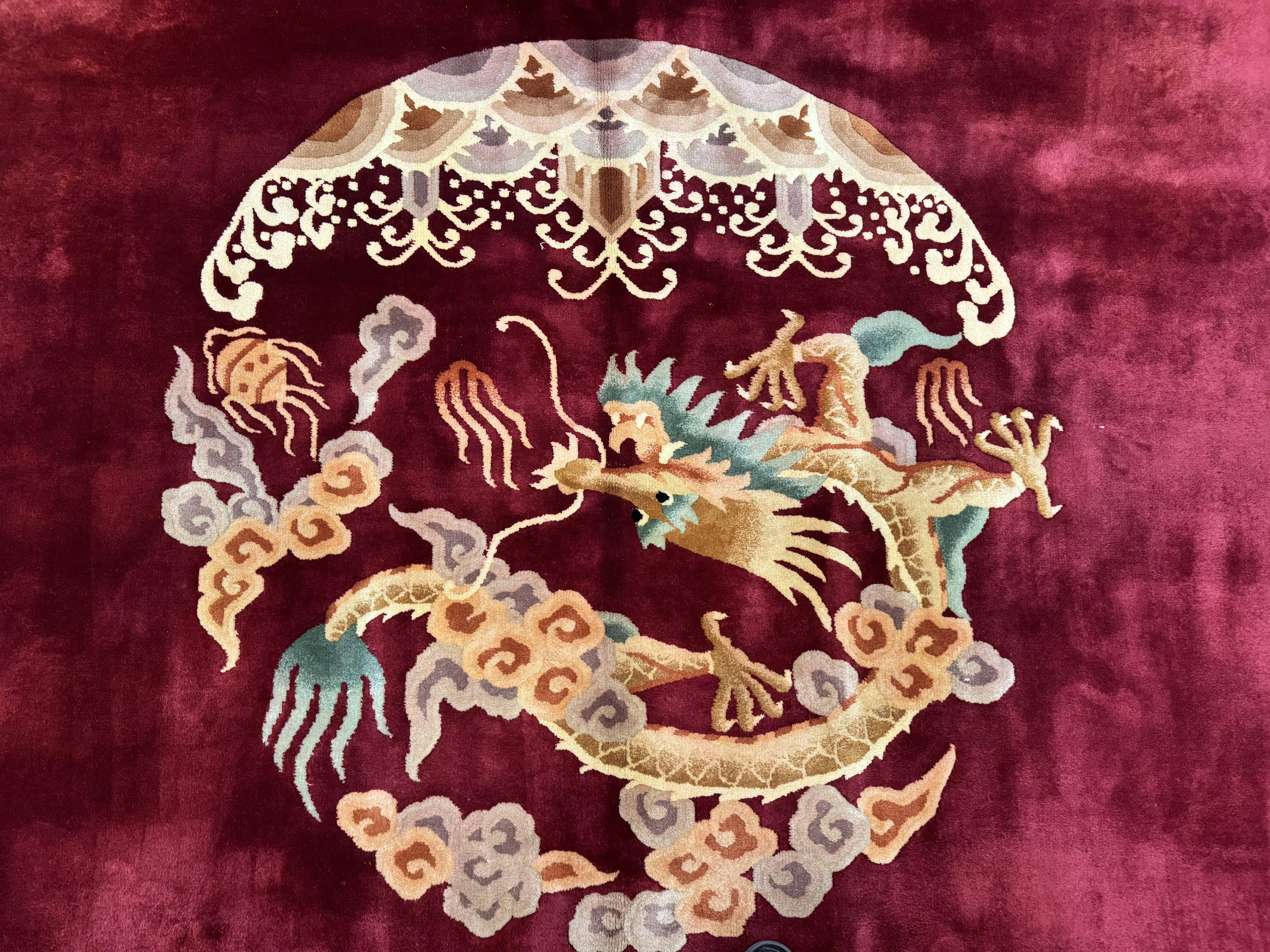 Large Chinese Wool Rug with Dragons 11x18, Palace Size Vintage Handmade Art Deco Carpet, Red and Cream - Jewel Rugs