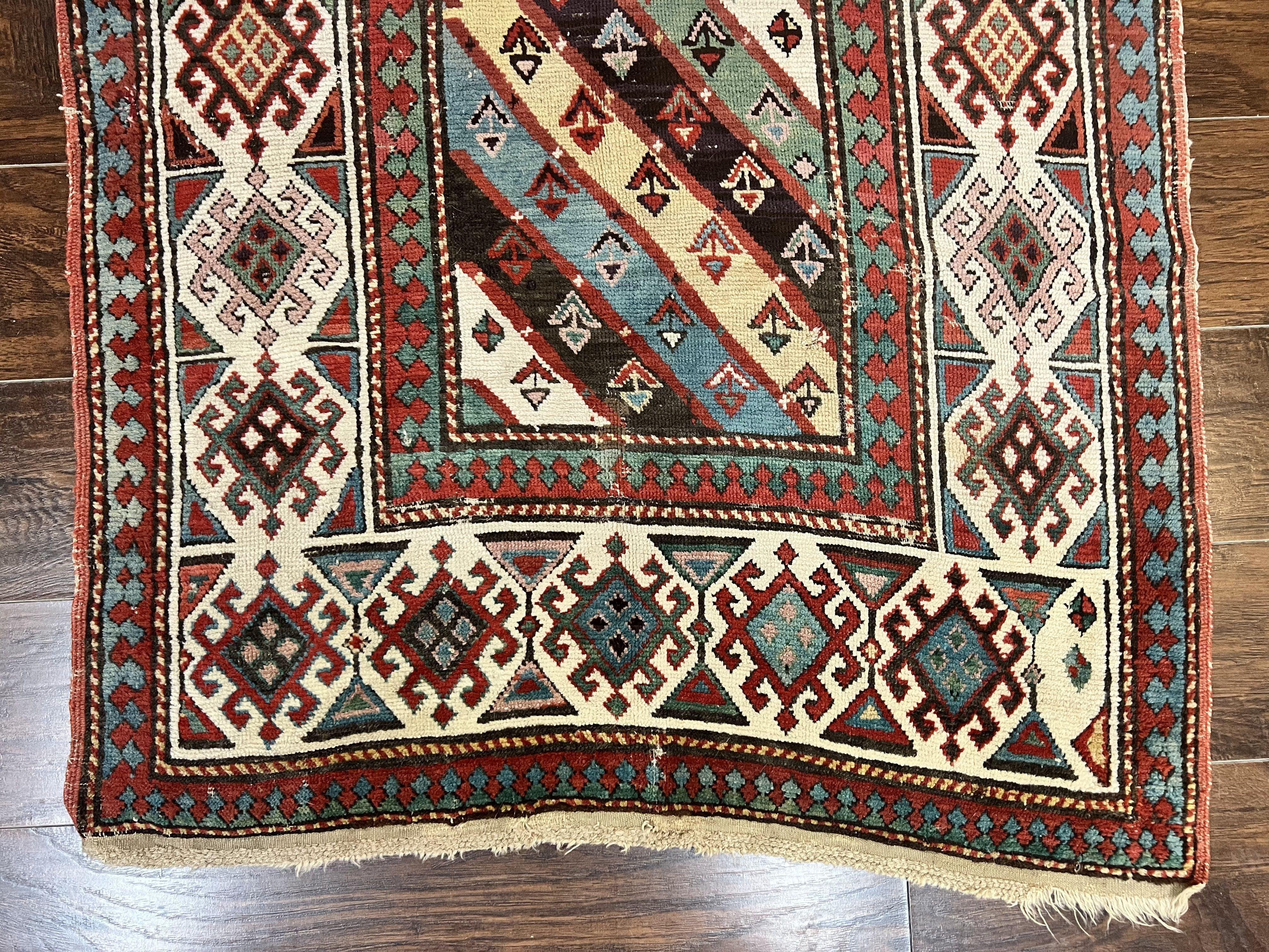 Caucasian Kazak Runner Rug 3.6 x 8, Wool Hand Knotted Antique 1880s Carpet, Ivory & Multicolor Stripes Oriental Runner Rug, Hallway Rug - Jewel Rugs