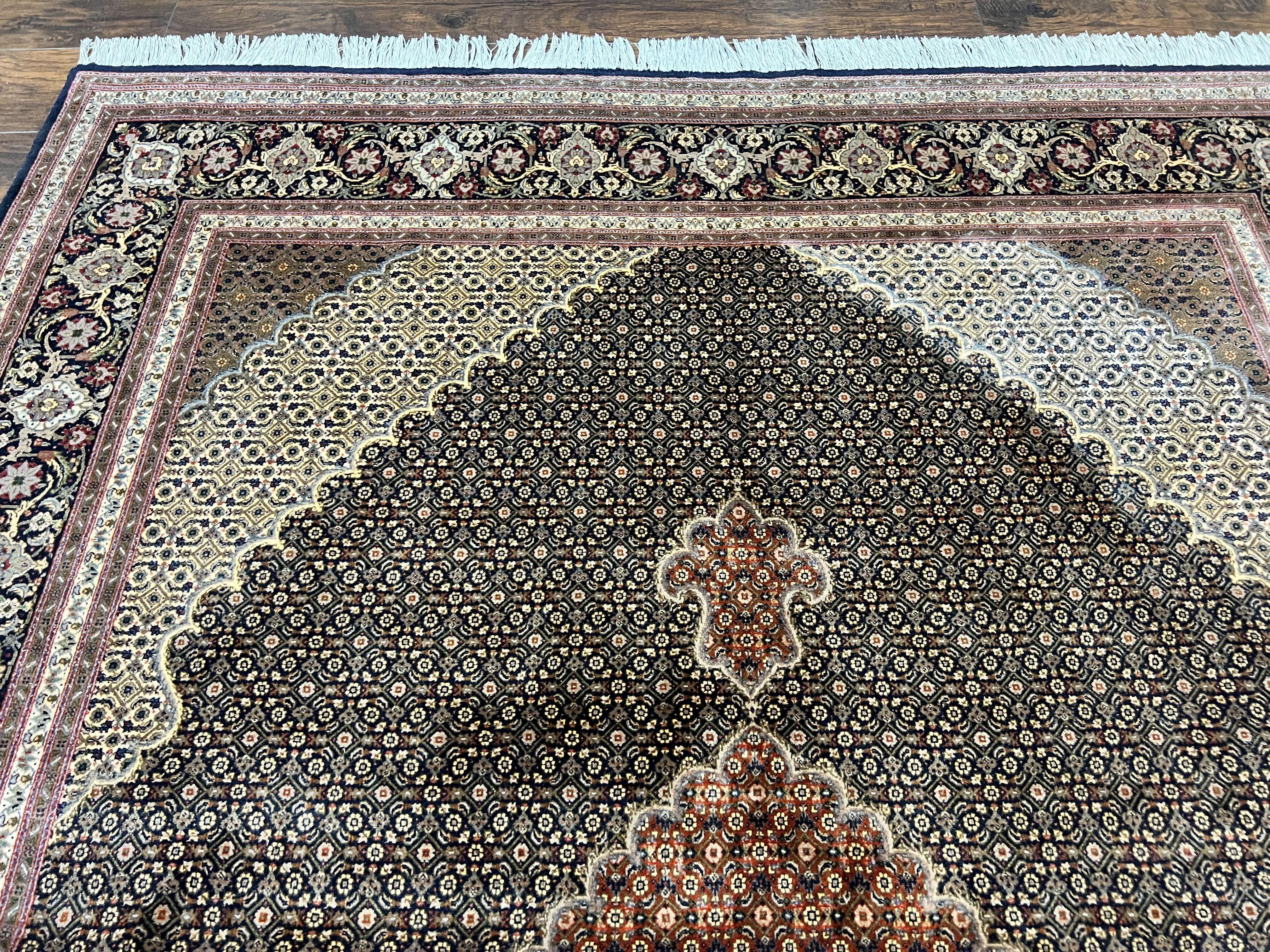 Persian Tabriz Rug 7x10, Very Fine 330 KPSI 50 Raj, Black and Beige, Handmade Wool Vintage Persian Carpet - Jewel Rugs