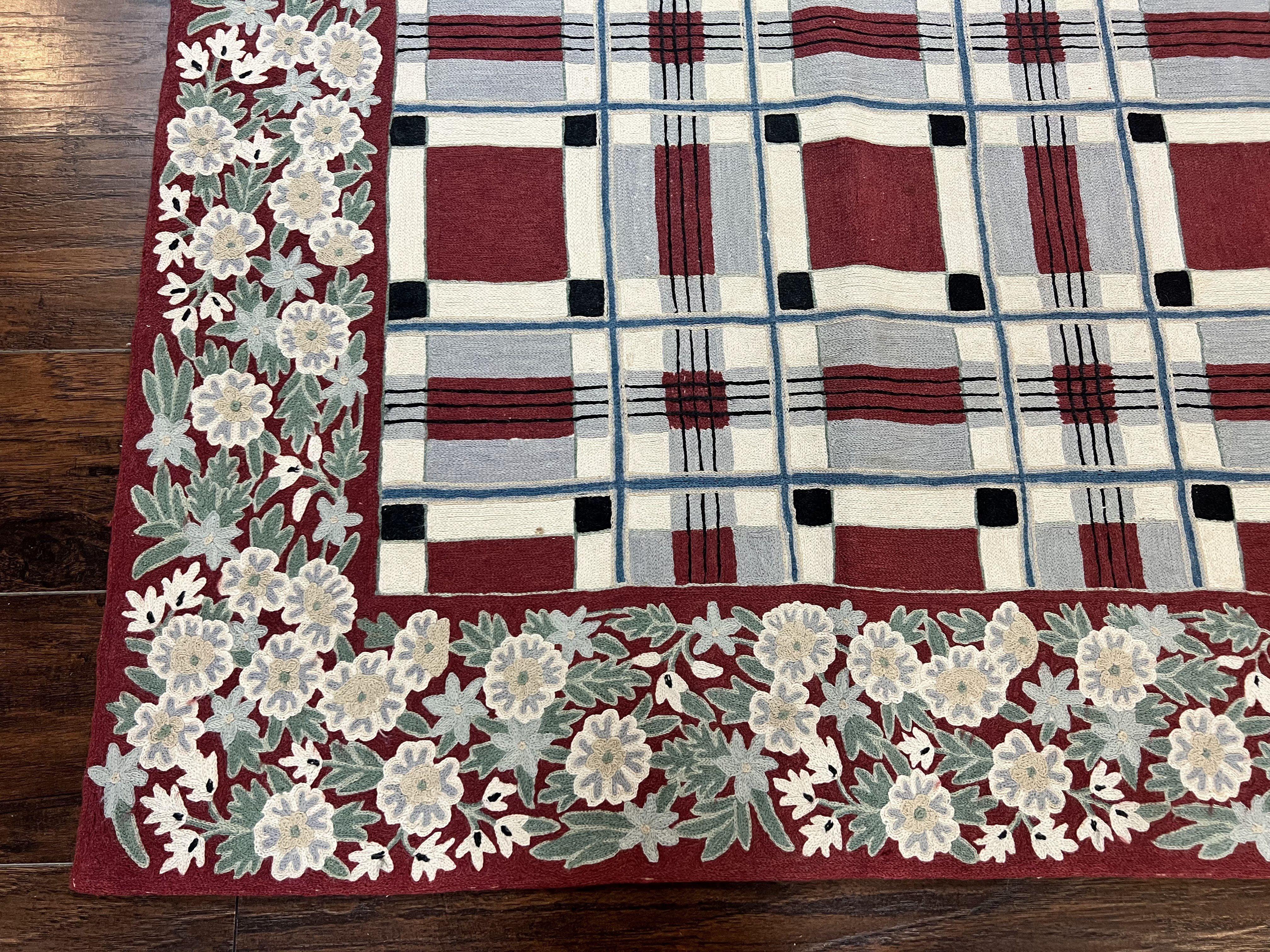 Indian Hand Stitched Rug 4x6, Vintage Carpet, Checkerboard Floral Pattern, Maroon Ivory, Flatweave, Wool - Jewel Rugs