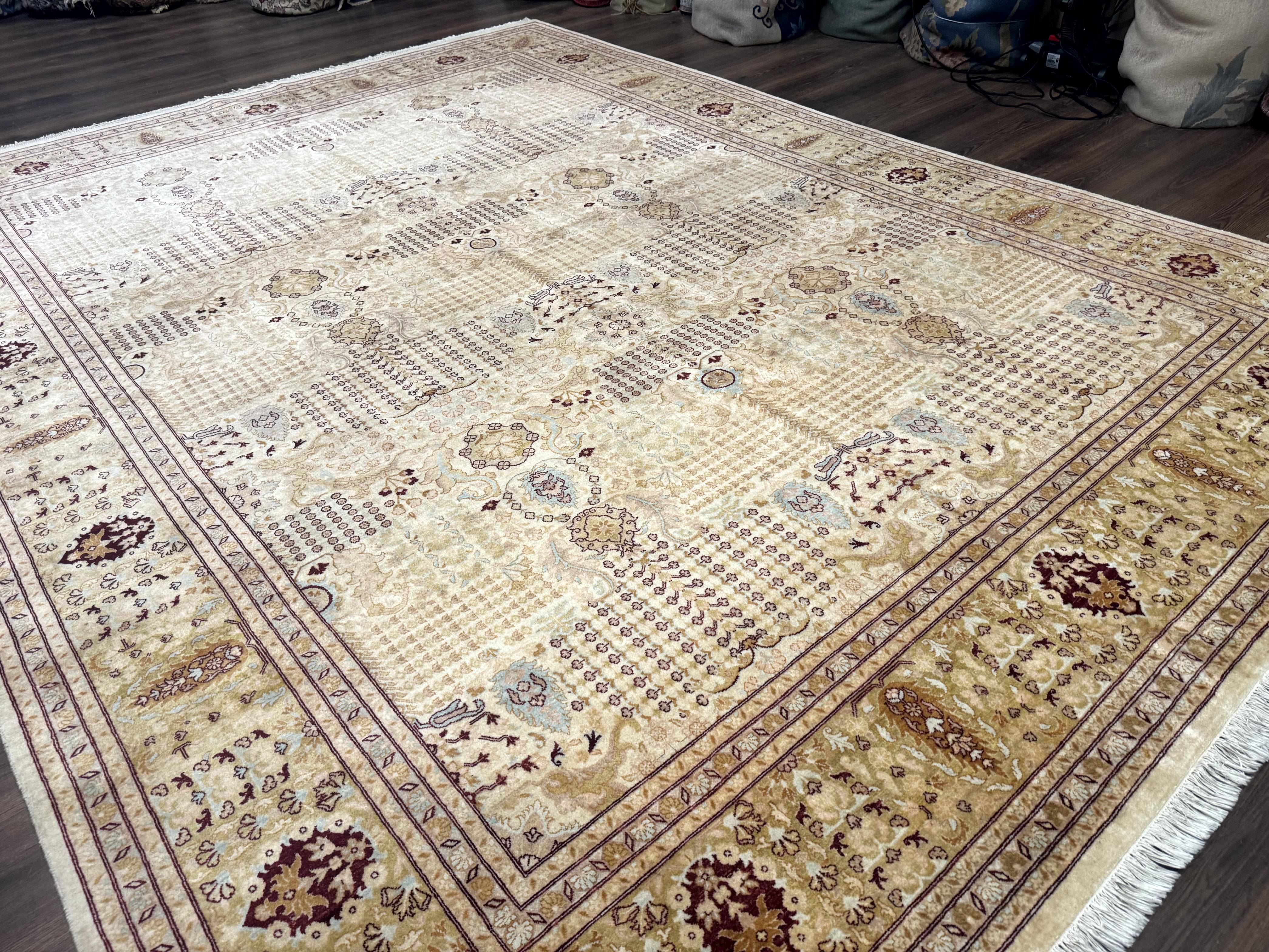 Pakistani Carpet 9x12, Finely Hand Knotted 270 KPSI, Cream, Allover Pattern - Jewel Rugs