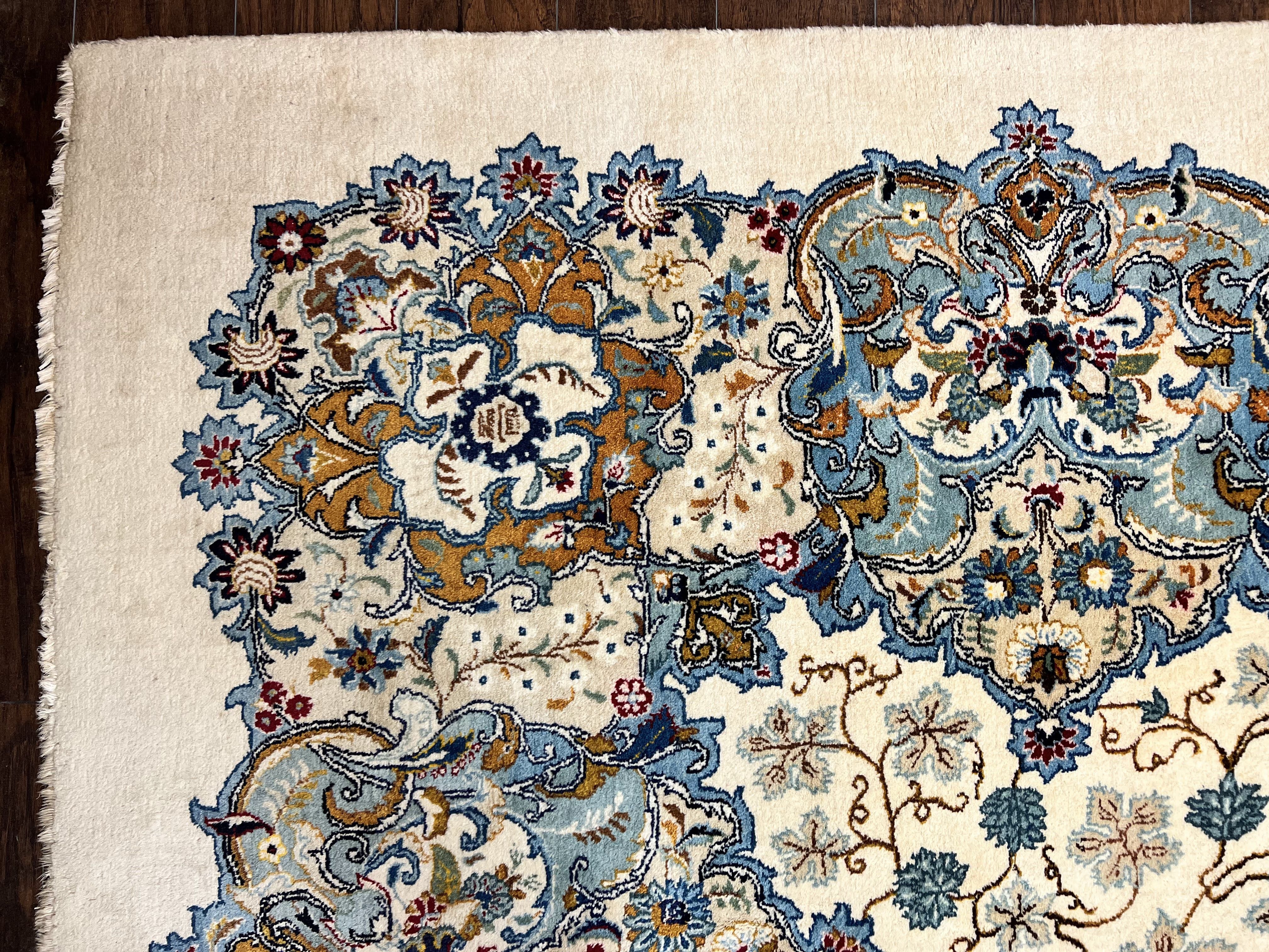 Palace Size Persian Kashan Rug 11x19 ft, Handmade Hand Knotted Oversized Extra Large Wool Semi Antique Oriental Carpet, Ivory and Light Blue Floral - Jewel Rugs