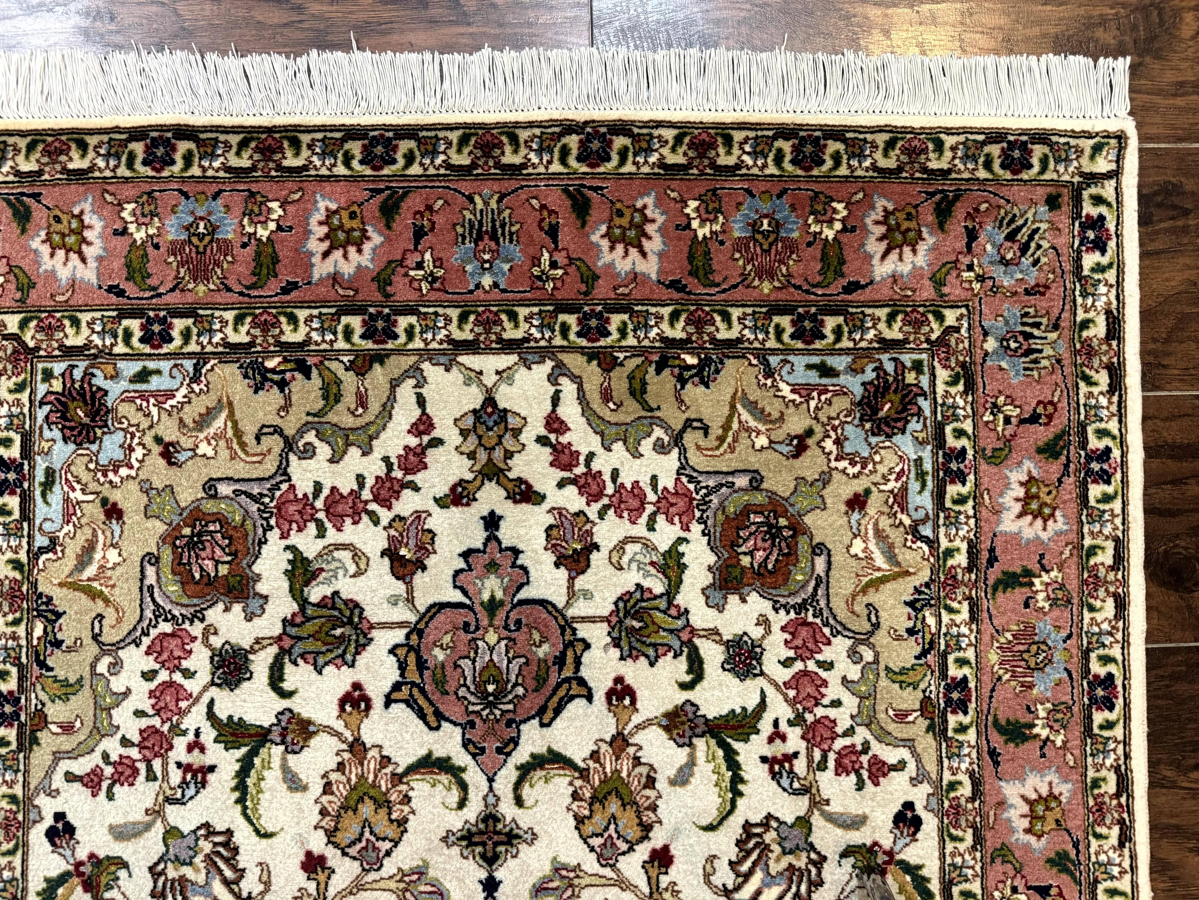 Fine Persian Tabriz Rug 3x5, Floral Medallion, 340 KPSI, Ivory Salmon - Jewel Rugs