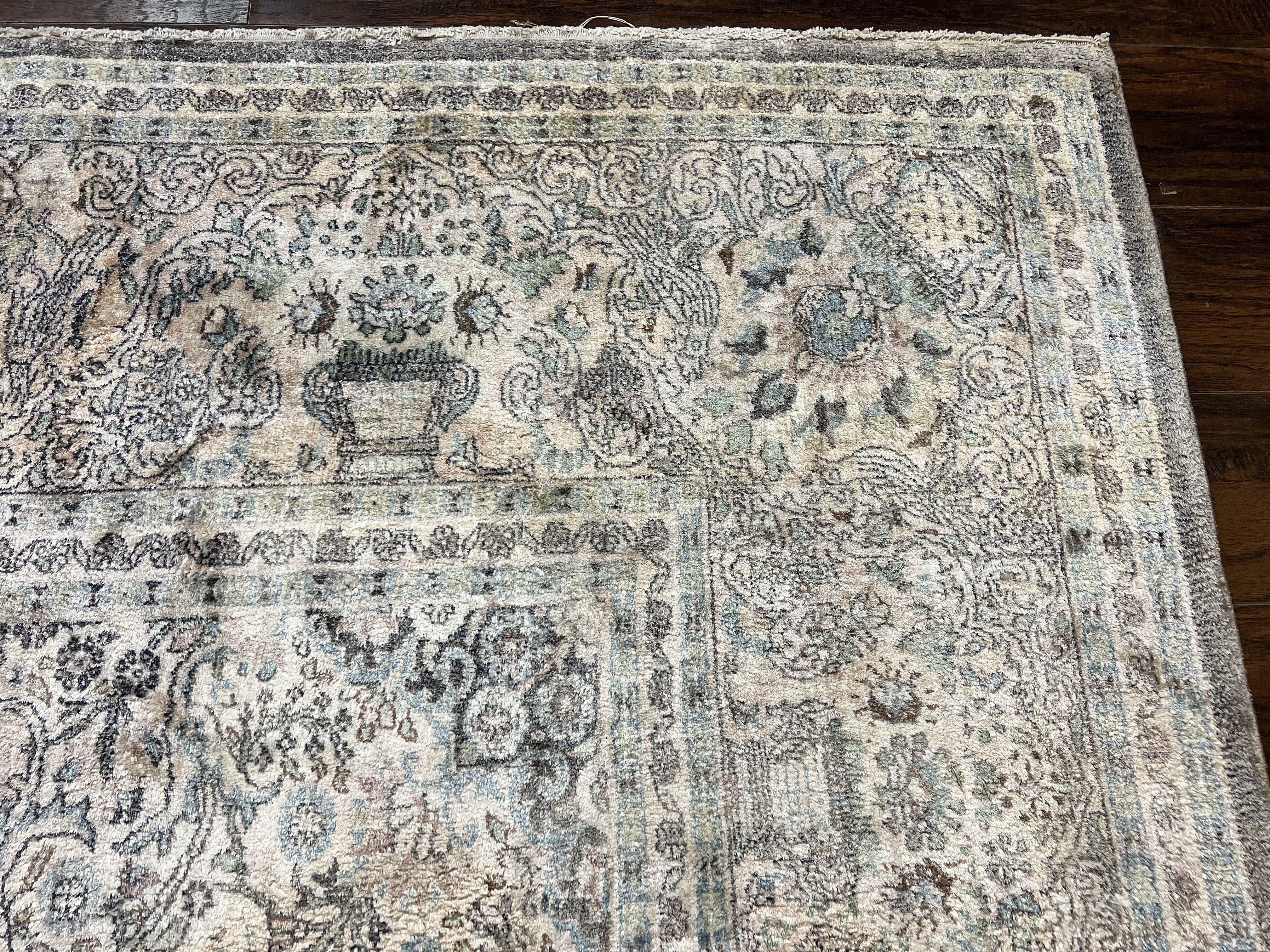 Silk Pak Persian Rug 10x14, Large Fine Silk Carpet 300 KPSI, Dark Gray, Handmade Vintage Rug, Floral, Bird Motifs - Jewel Rugs