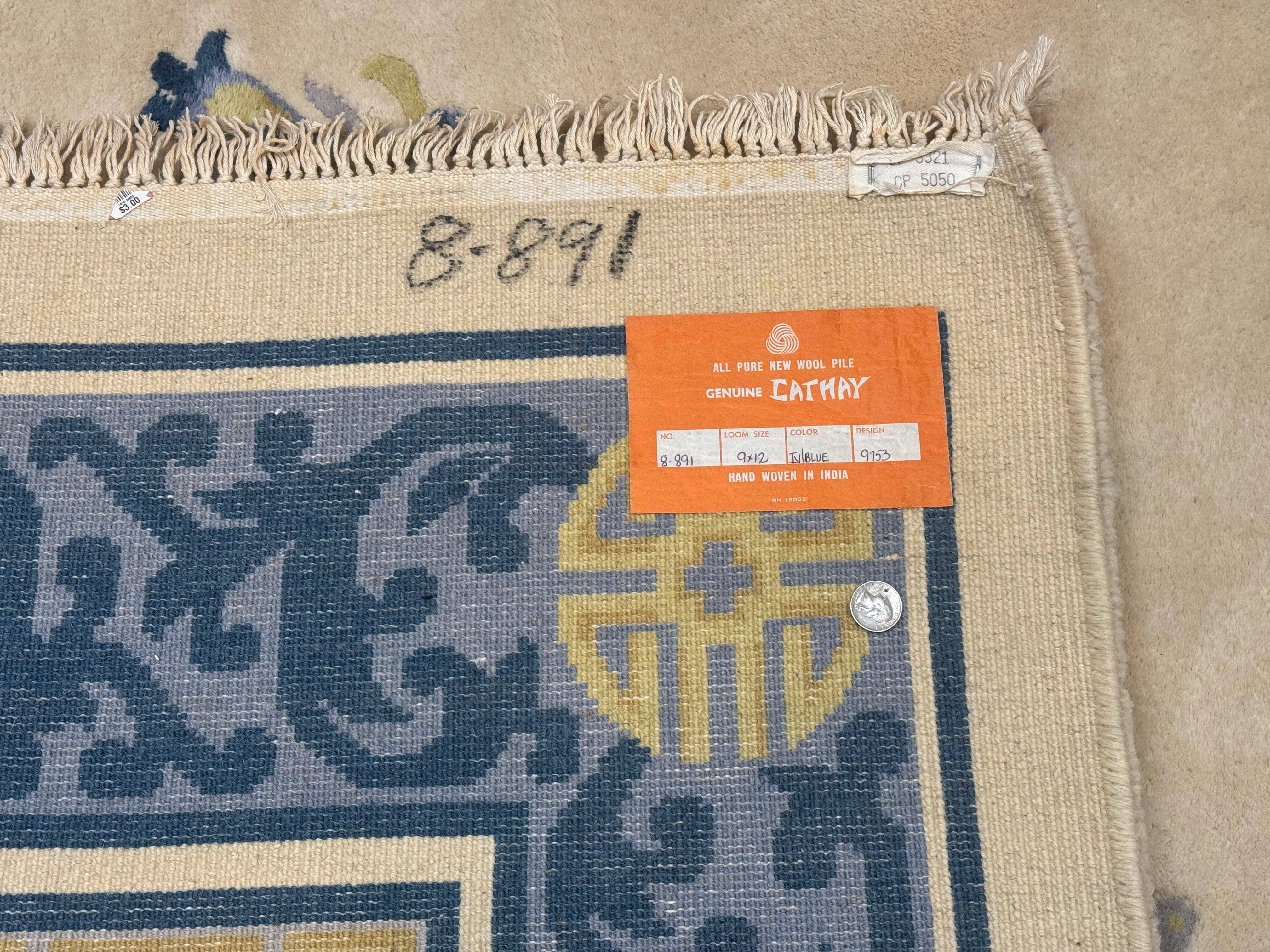 Indo Chinese Wool Rug 9x12 Beige Blue Butterflies Flowers - Jewel Rugs