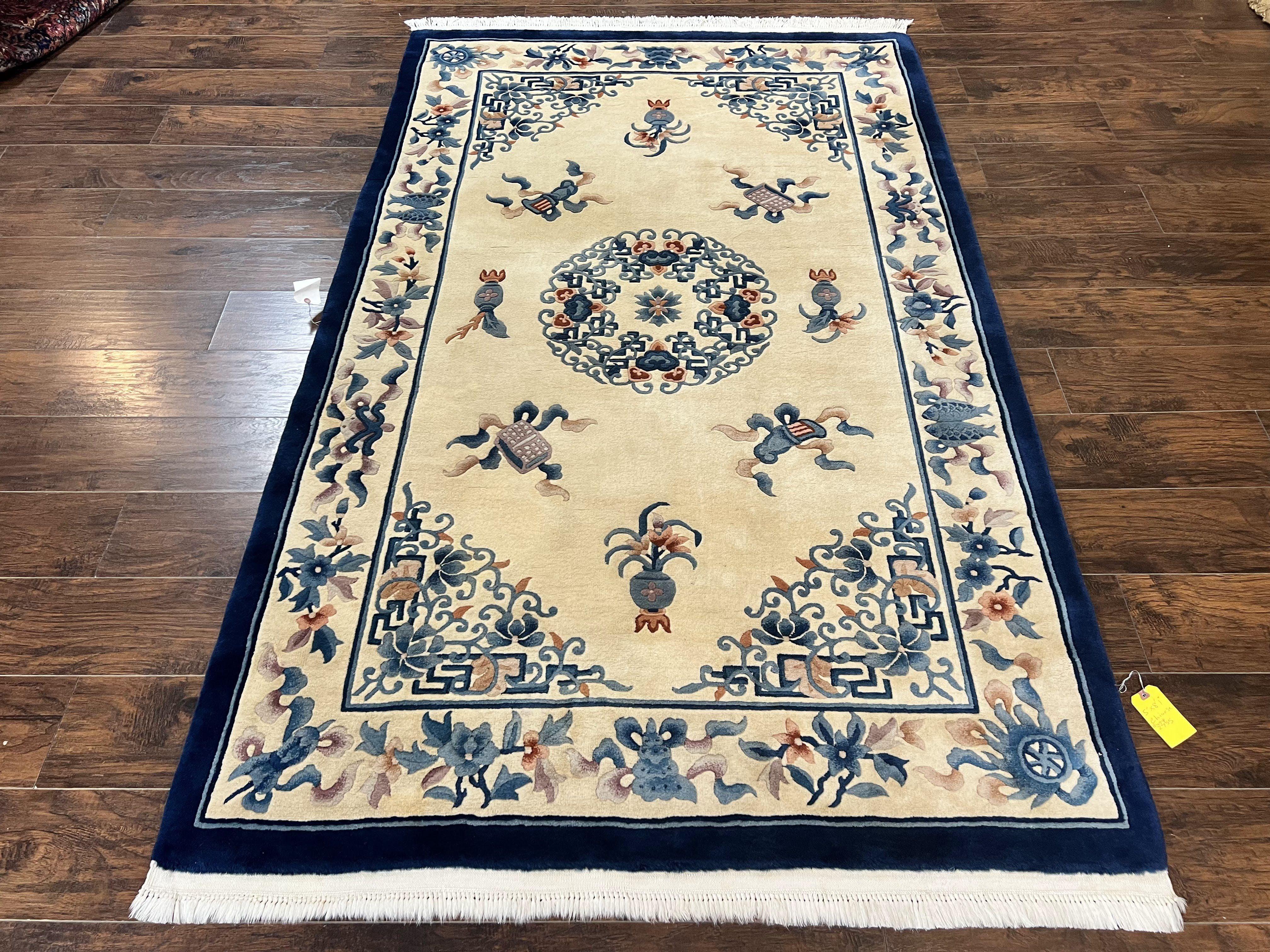 Chinese Wool Rug 5x8, Vintage Art Deco Chinese Carving Sculpture Carpet, Cream and Blue, Handmade Asian Oriental 90 Line Rug - Jewel Rugs