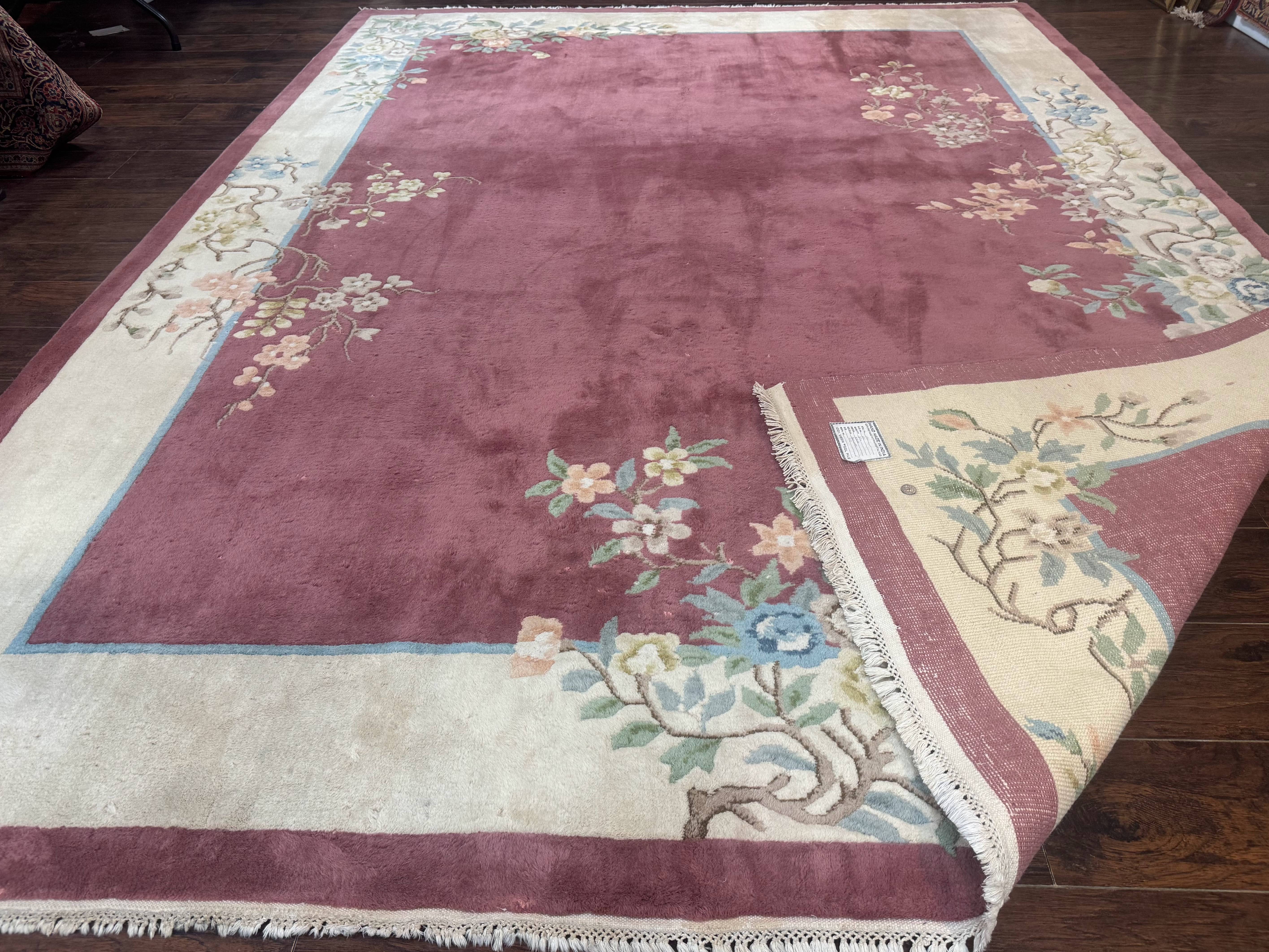Indo Chinese Art Deco Rug 9x12, Pink and Ivory, Open Filed, Floral, Wool - Jewel Rugs