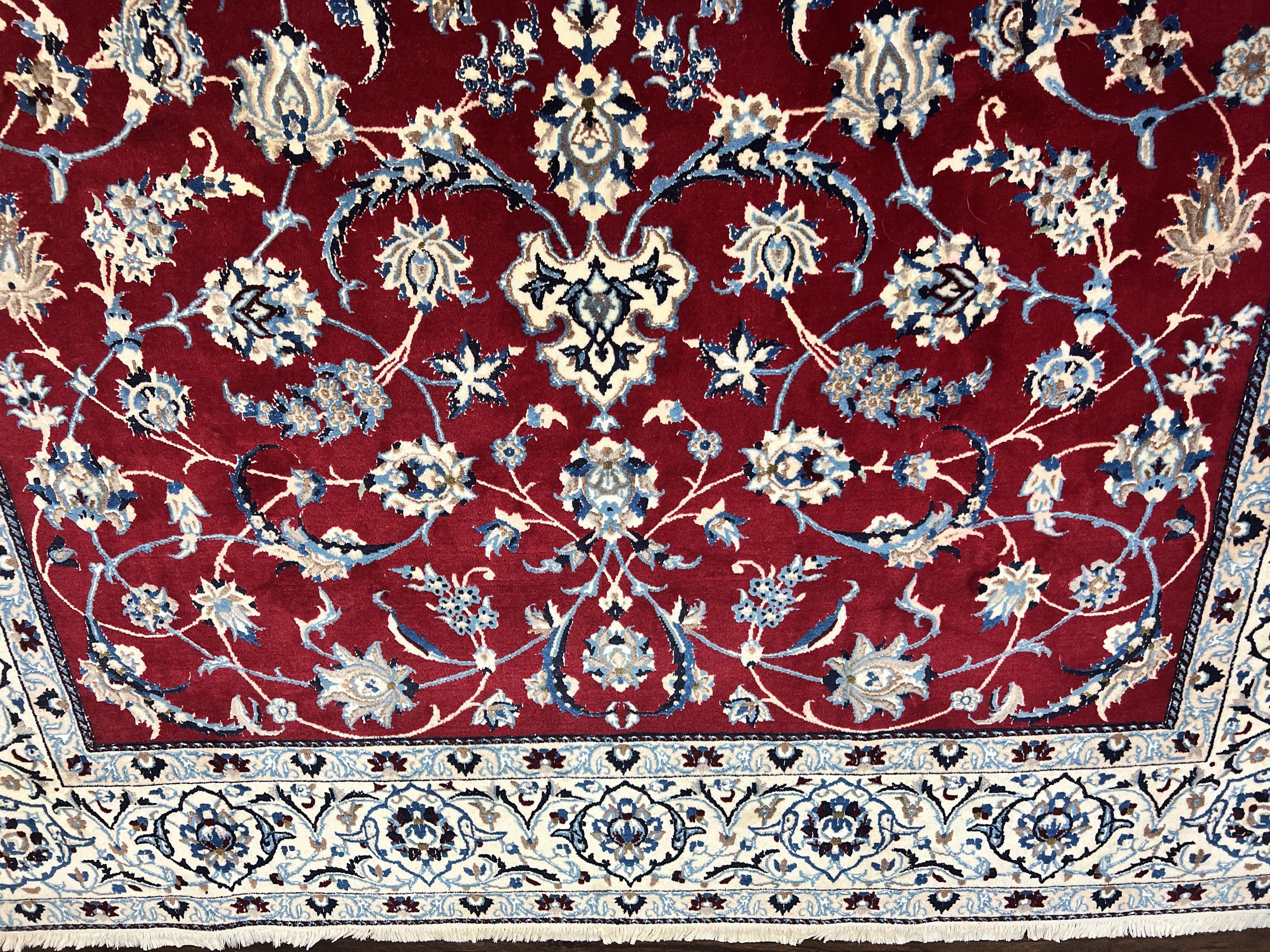 Persian Nain Rug 6x10, Wool and Silk Highlights, Red and Ivory, Floral Medallion, Vintage Handmade Hand Knotted, Fine 225 KPSI, Traditional Rug - Jewel Rugs