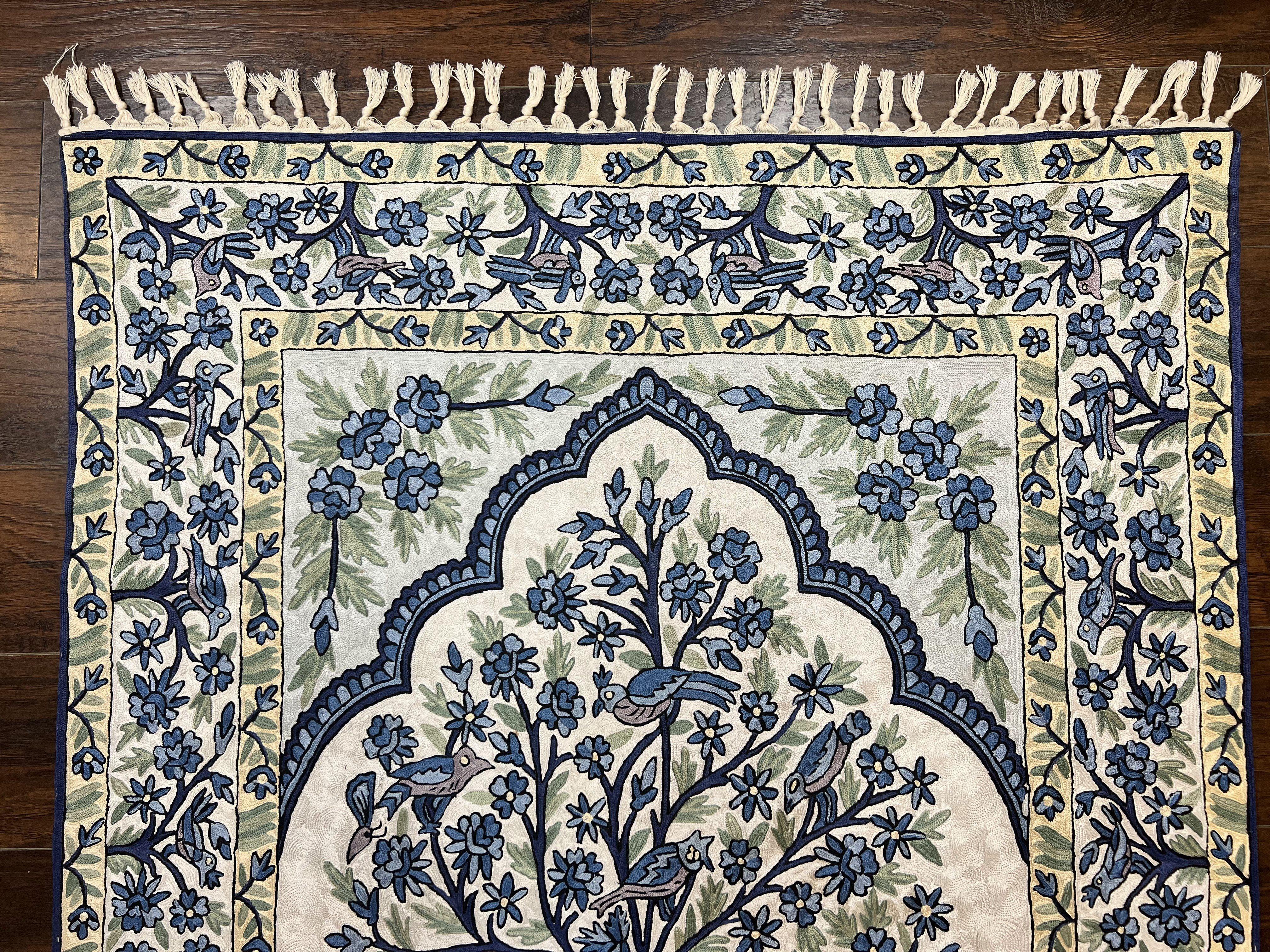 Tree of Life Indian Hand Stitched Rug 4x6, Indian Wall Hanging Rug, Ivory Blue, Silk on Cotton, Vintage - Jewel Rugs